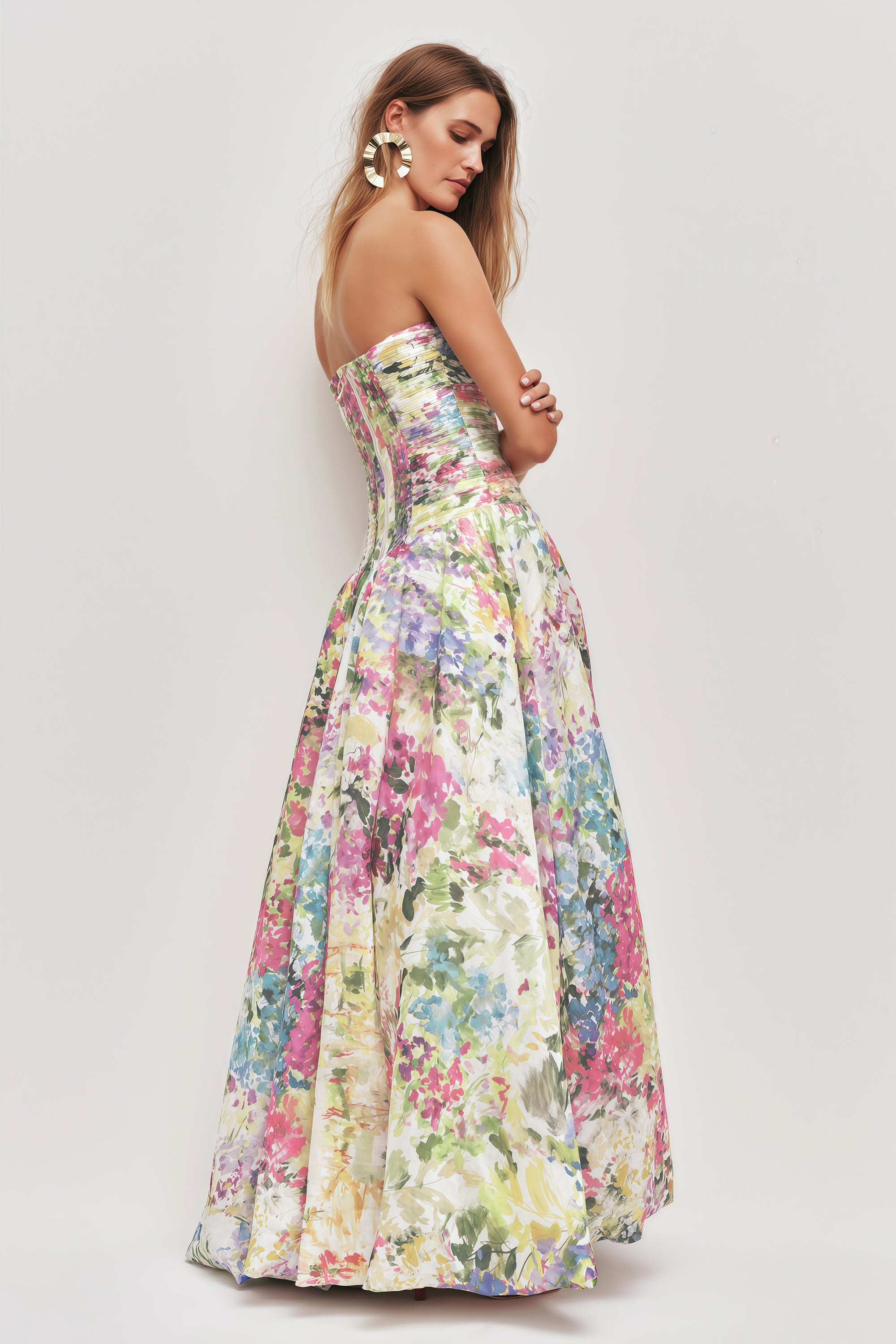 Robe longue plissée à imprimé floral