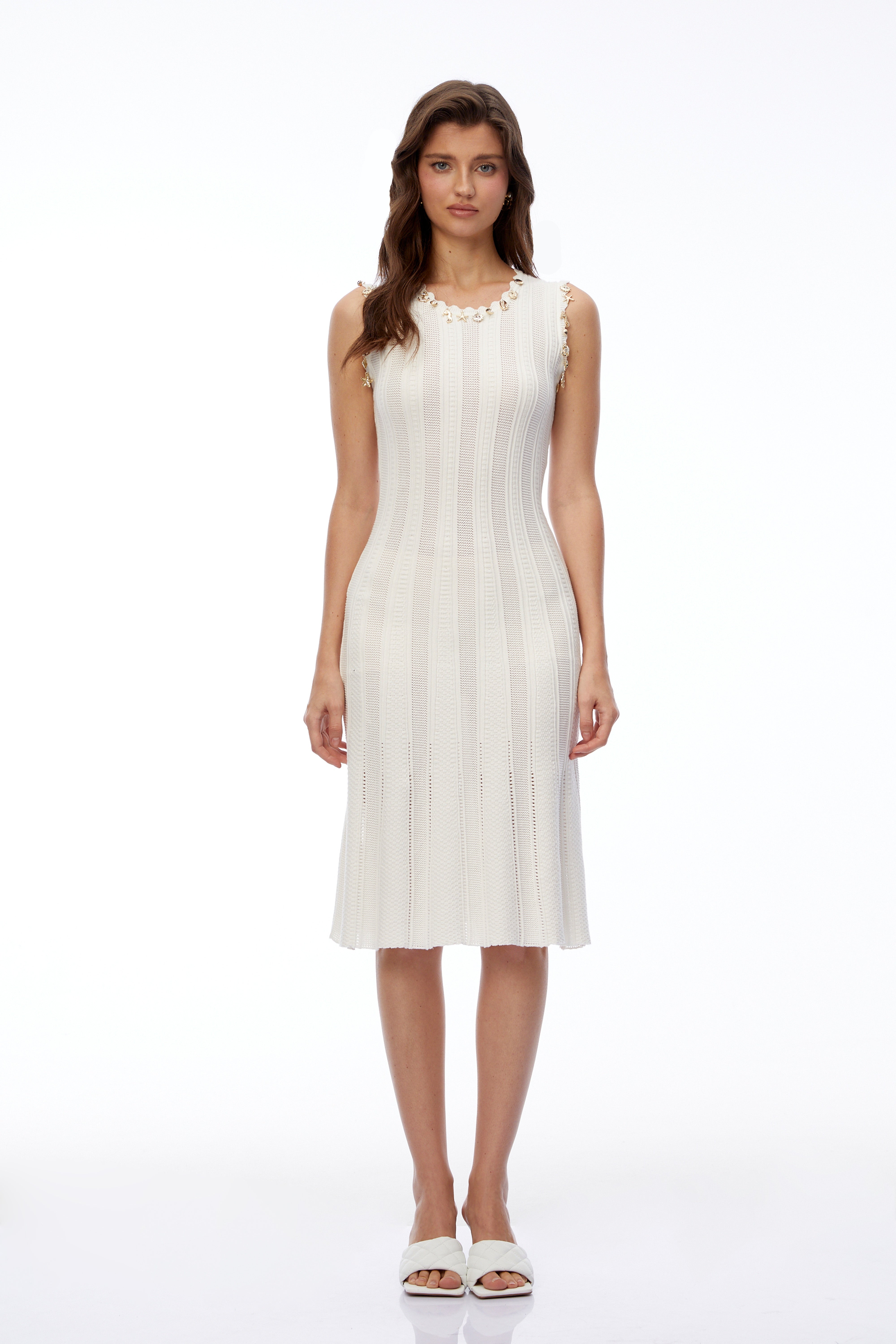 Patricia White Knit Midi Dress with Metal Hardware
