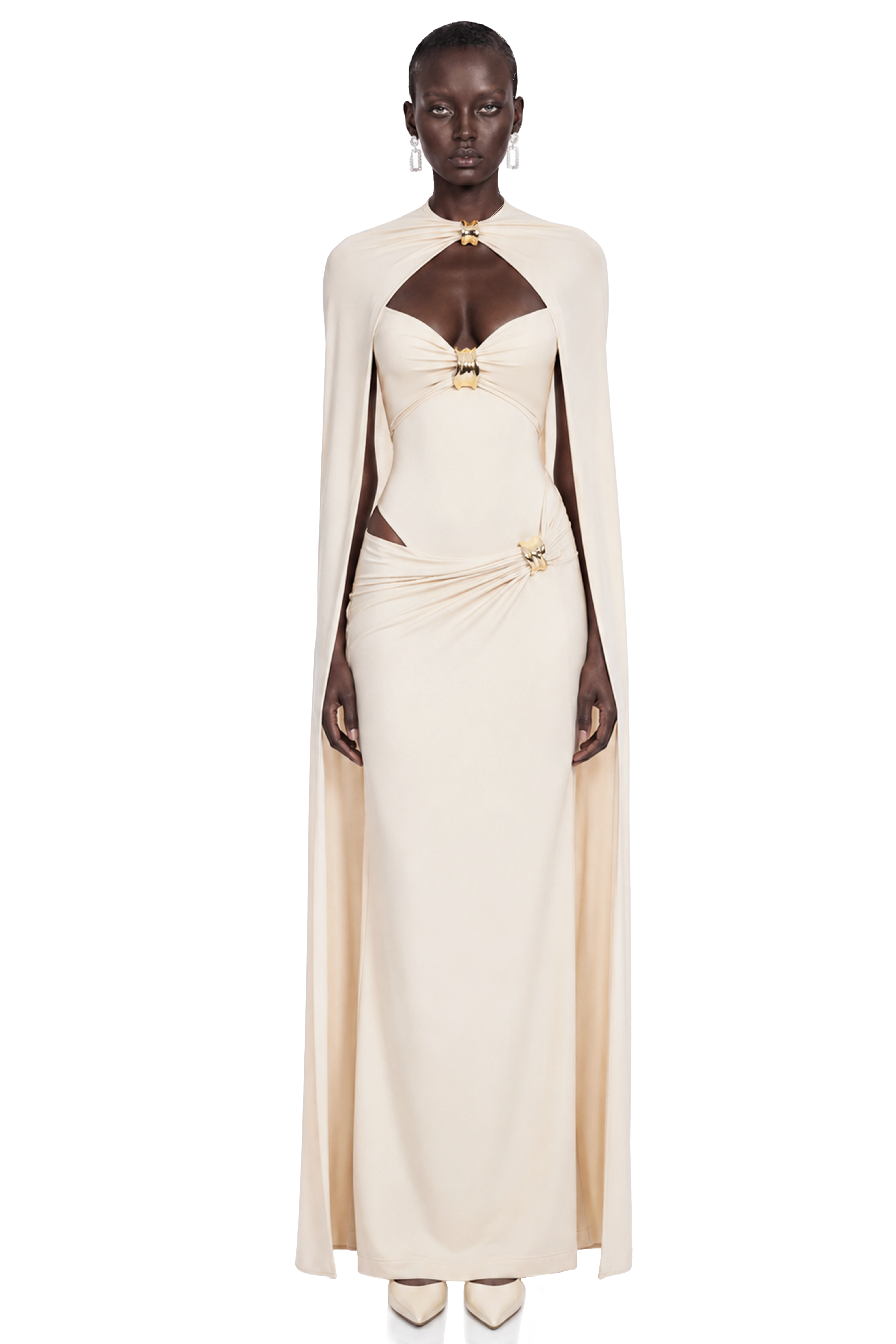 Patricie White Ruched Maxi Dress & Cape Set with Metal Hardware