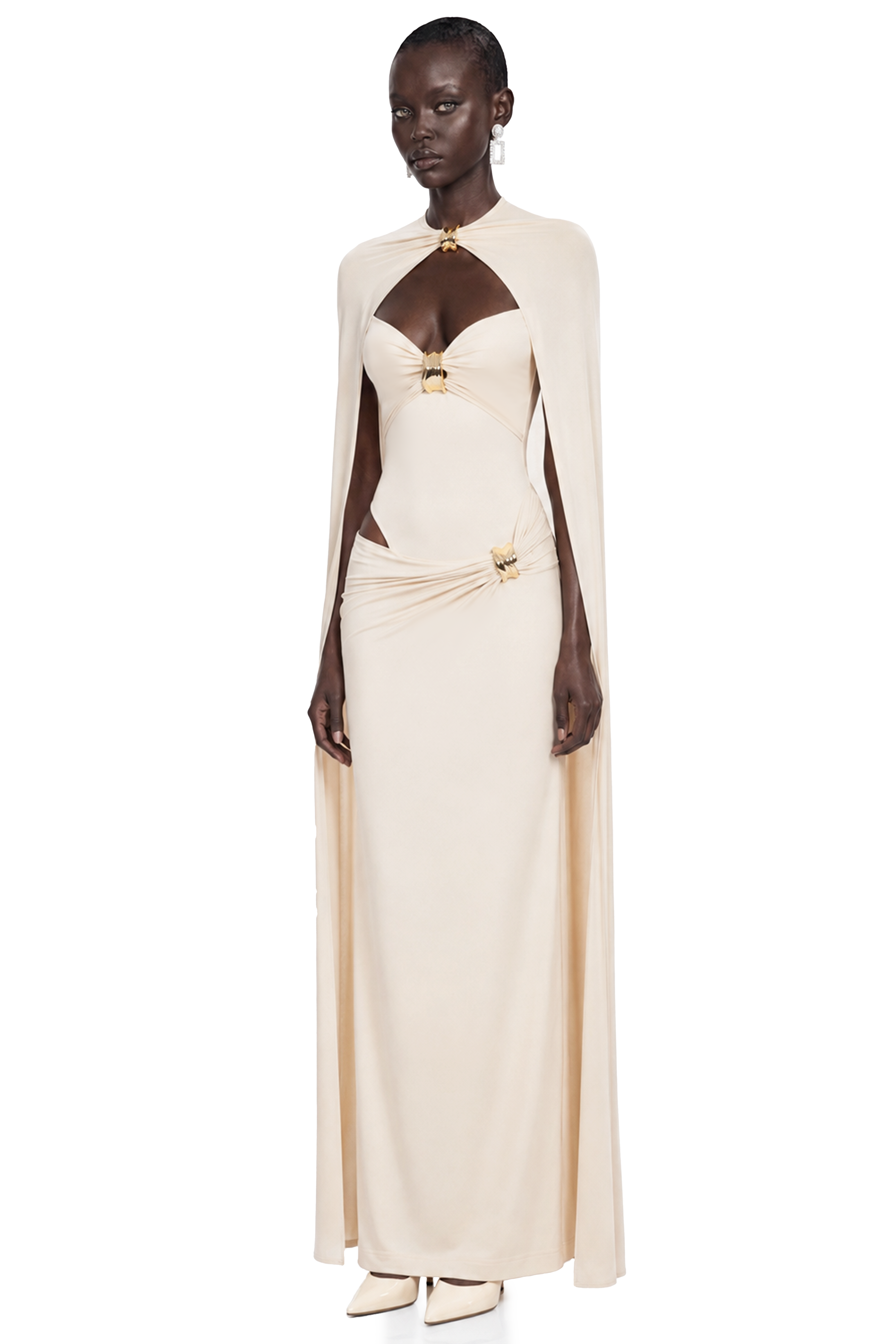 Patricie White Ruched Maxi Dress & Cape Set with Metal Hardware