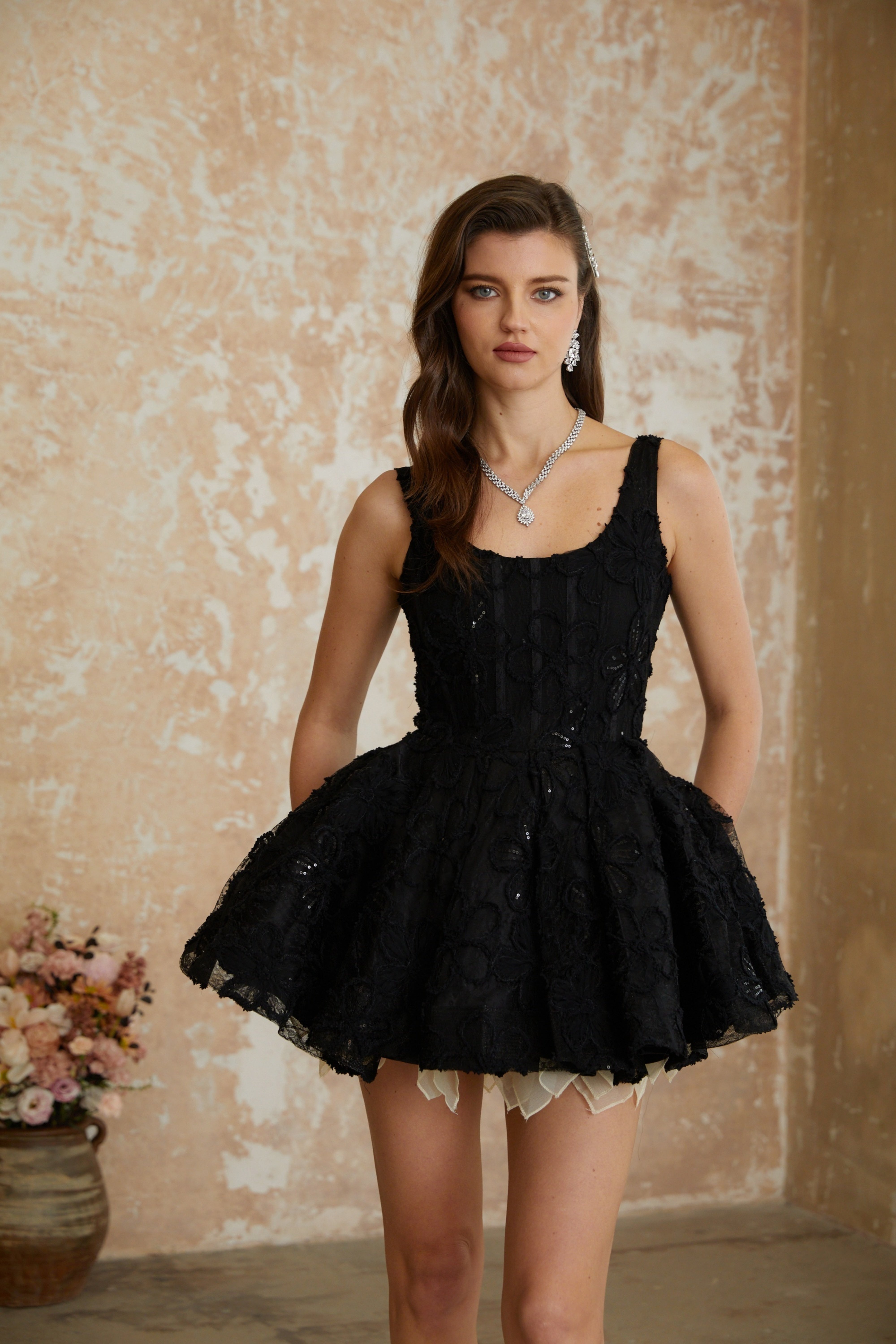 Patrycja Black Floral Embroidered Mini Dress