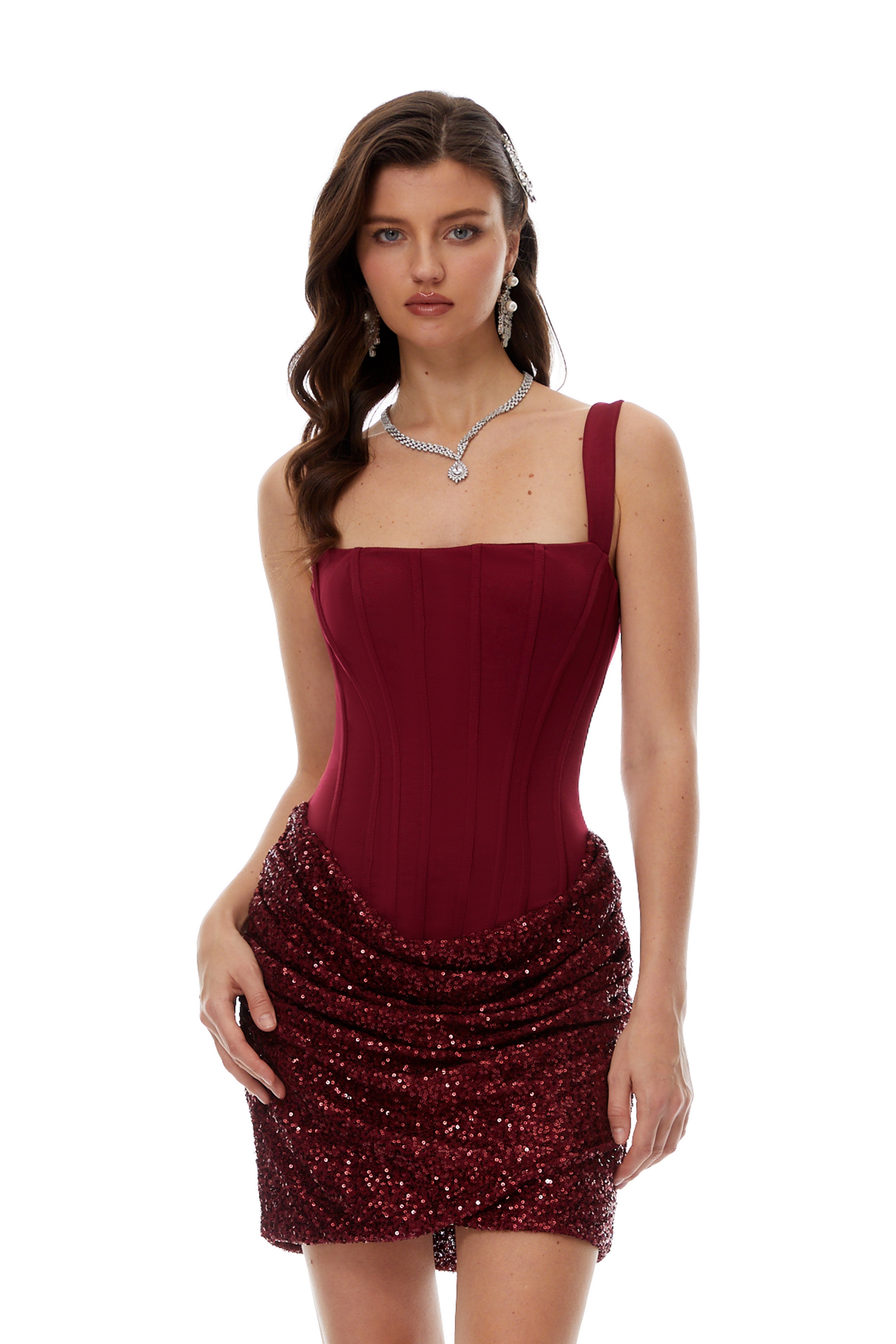 Paulette Red Embellished Ruched Bodycon Mini Dress