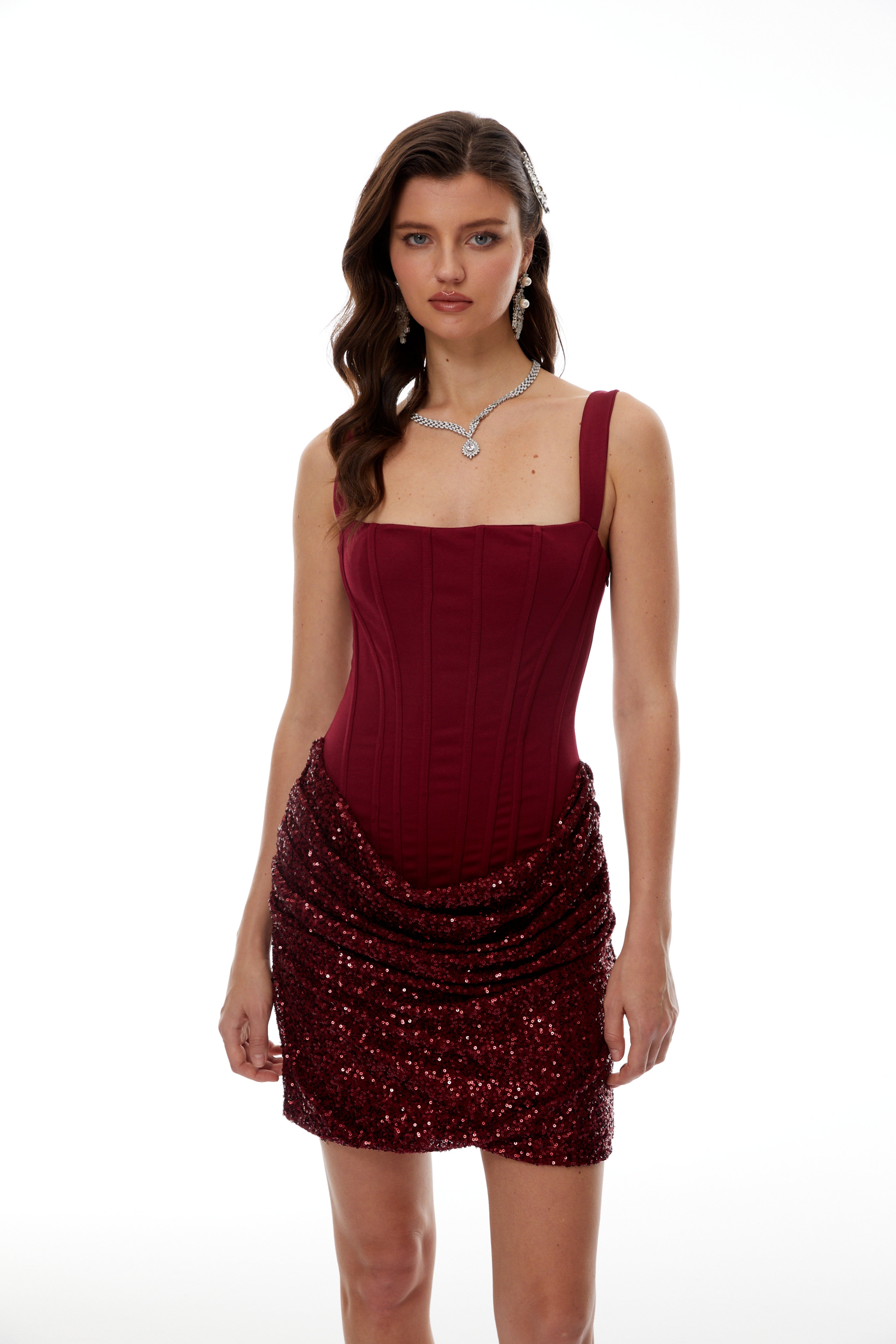 Burgundy sequined corset mini dress