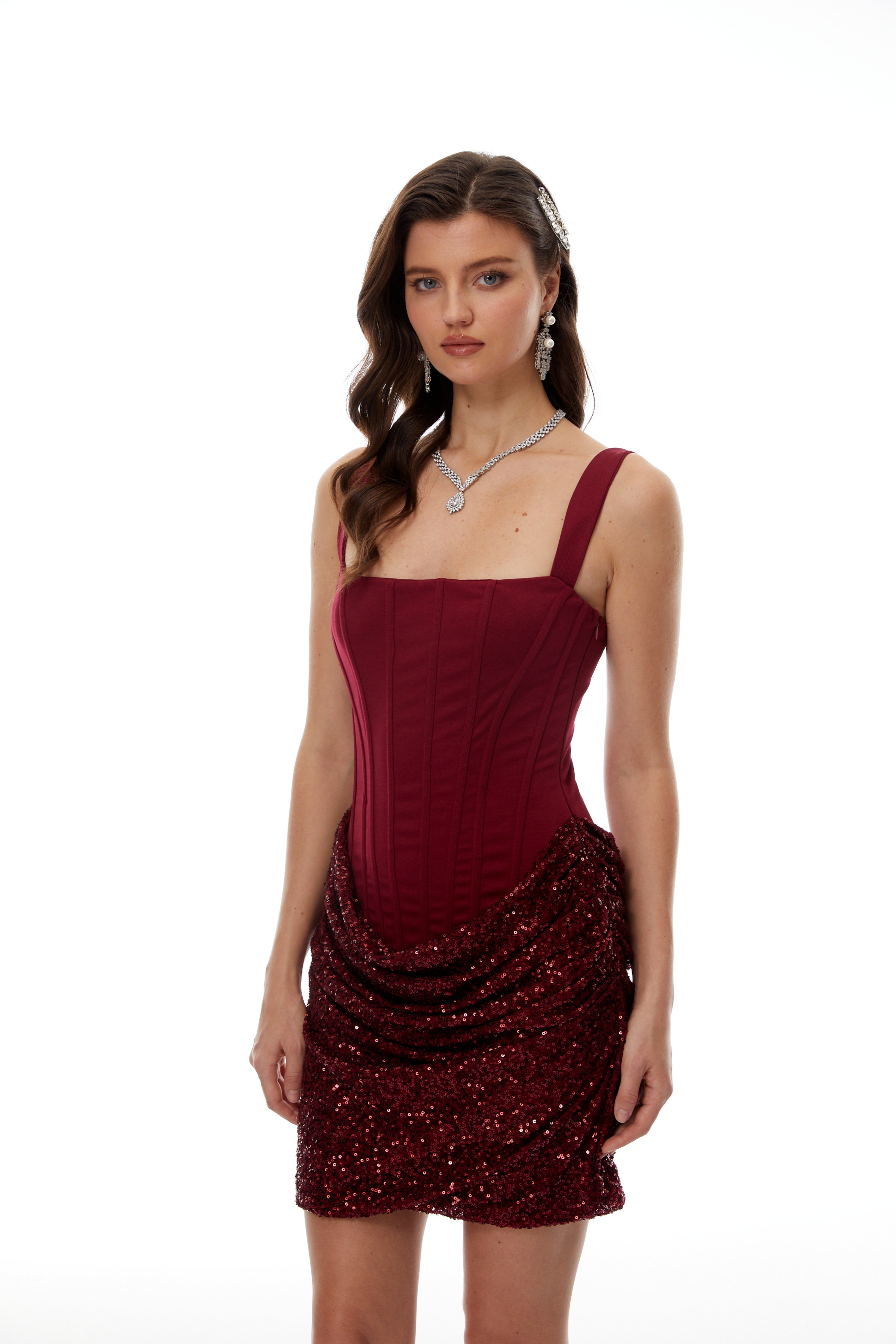 Paulette Red Embellished Ruched Bodycon Mini Dress