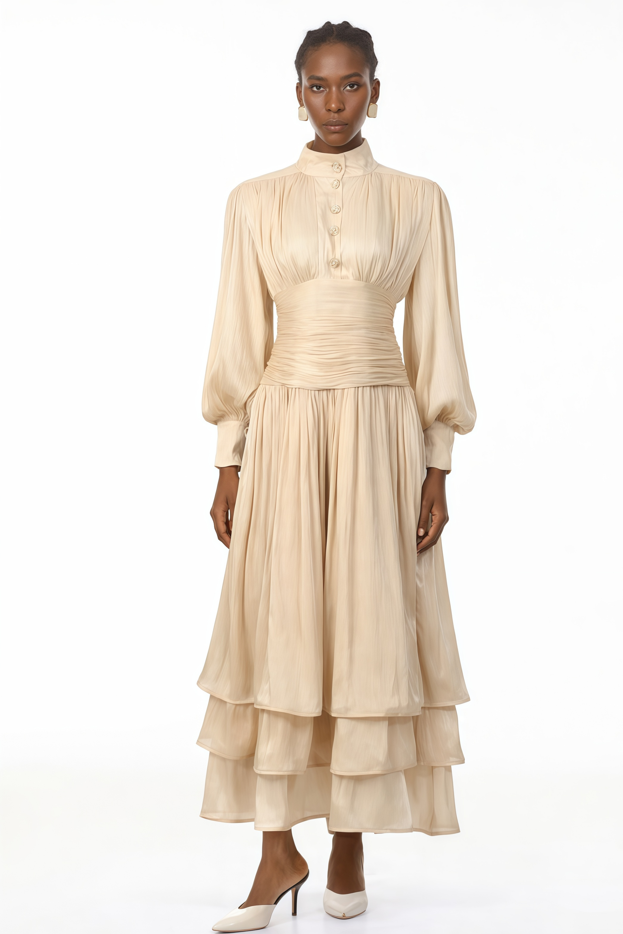 Emersyn Neutrals High-Neck Ruffled Detail Maxi Dress