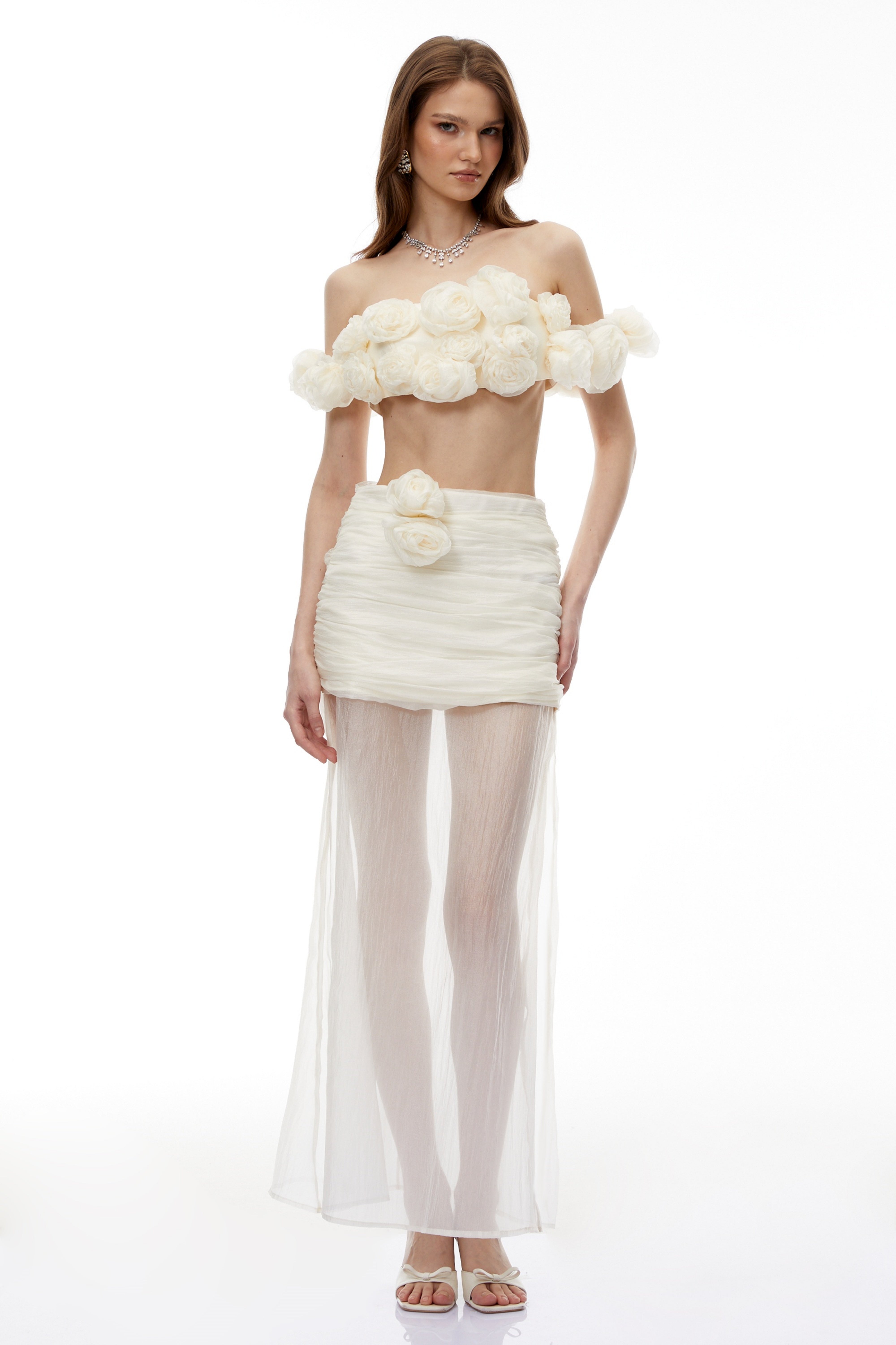 Penelope – Set aus weißem Tülloberteil und -rock mit 3D-Blumen