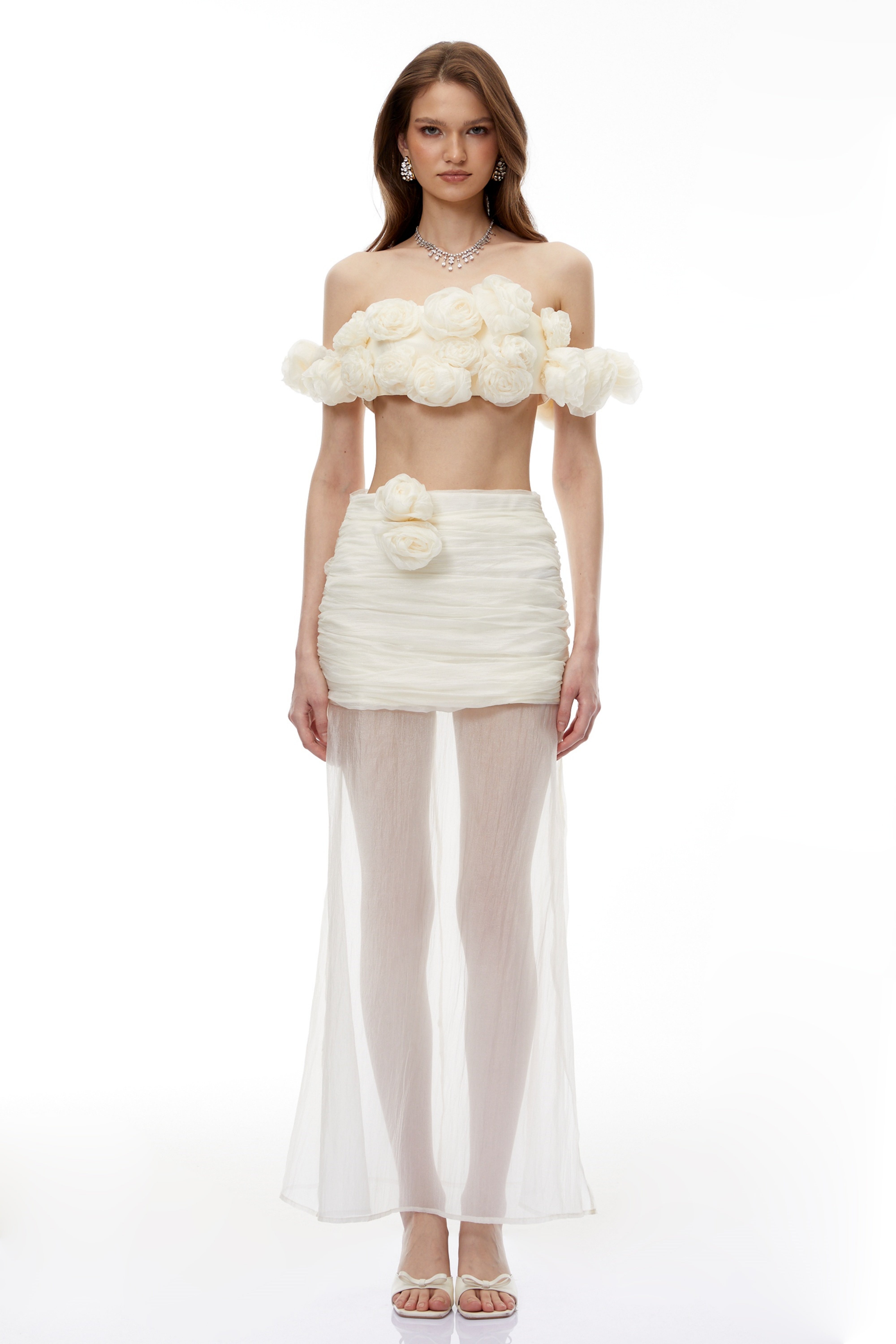 Penelope – Set aus weißem Tülloberteil und -rock mit 3D-Blumen