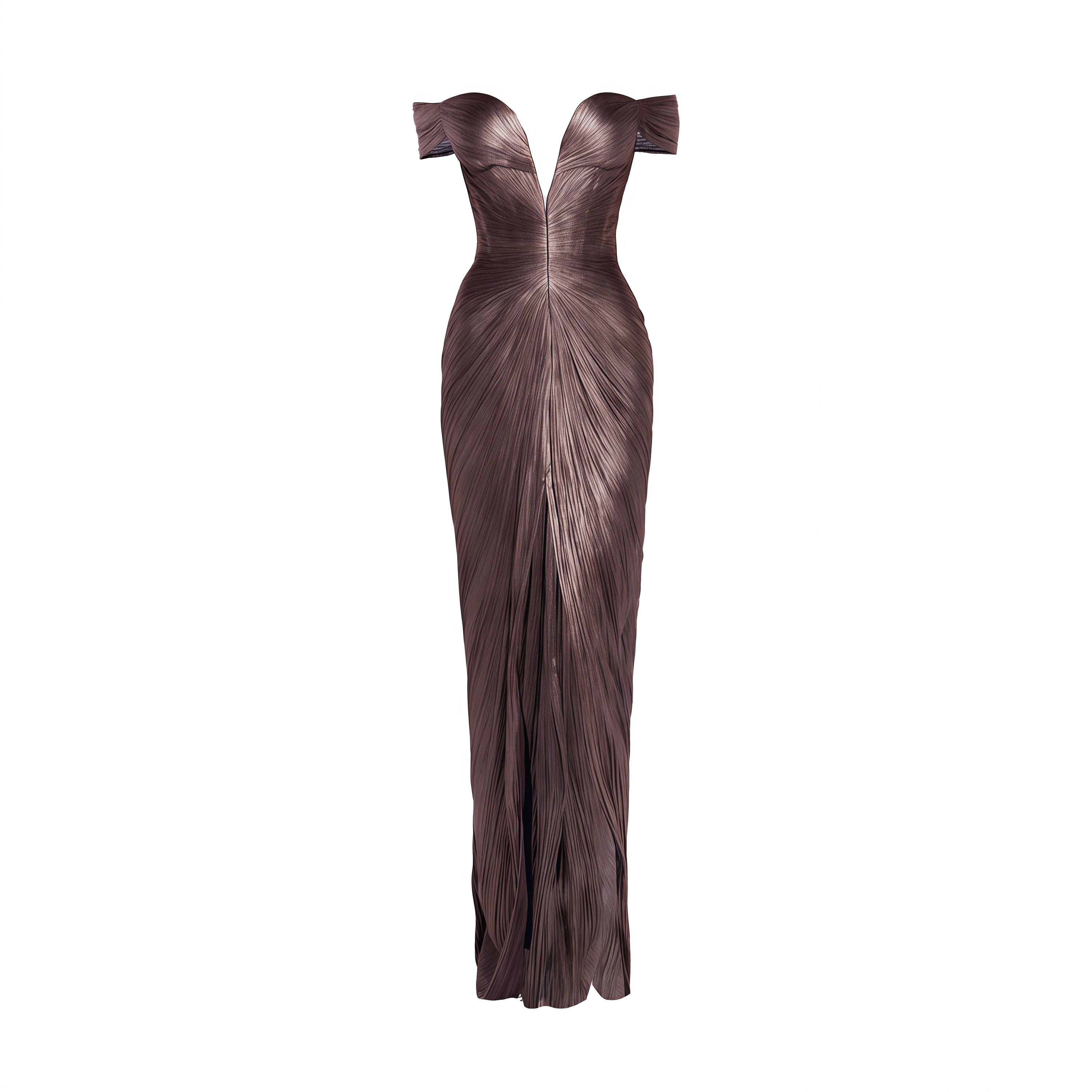 Pérola Bronze Gold Metallic Off Shoulder Maxi Dress