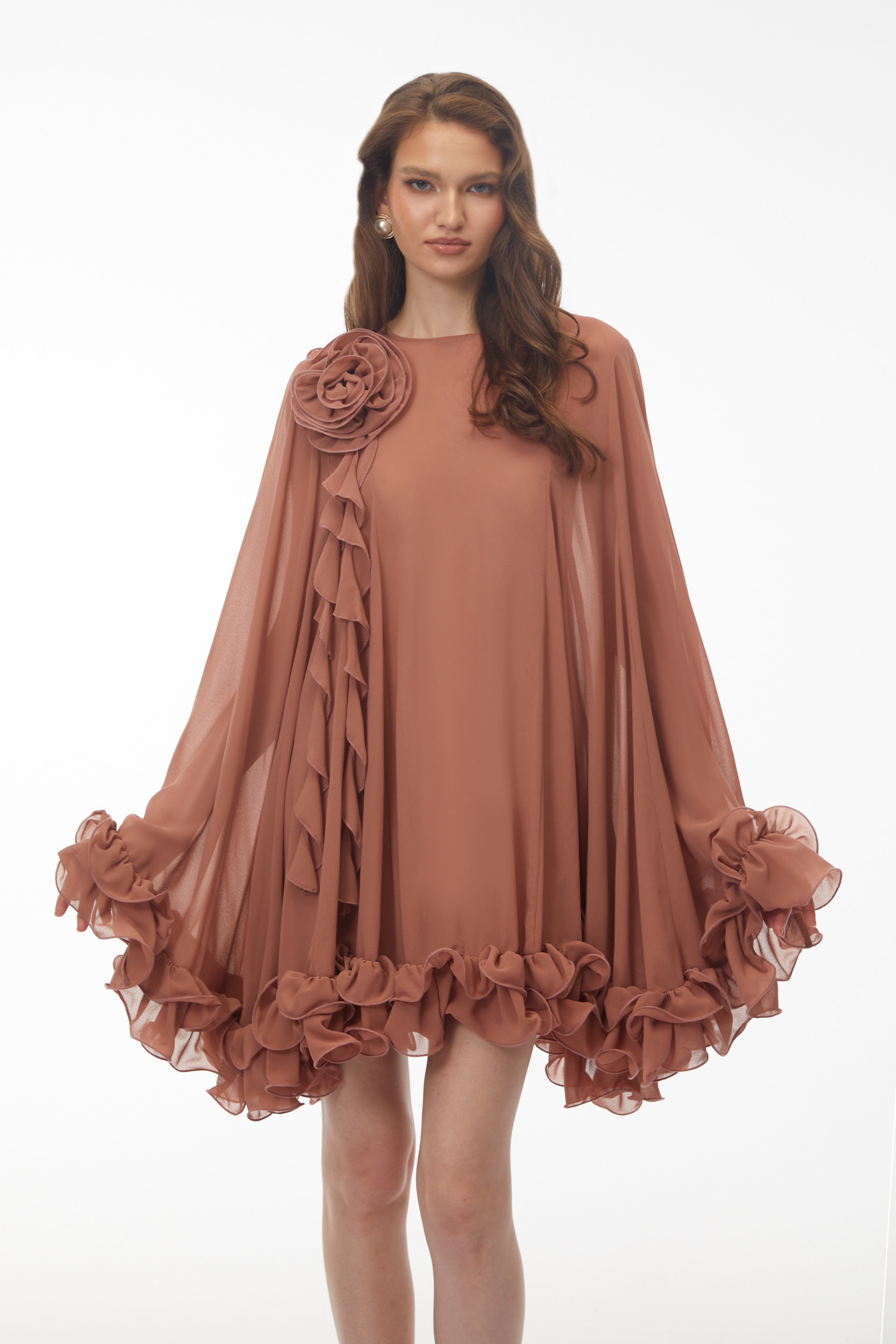 Philippa Terracotta Mini Dress with 3D Florals