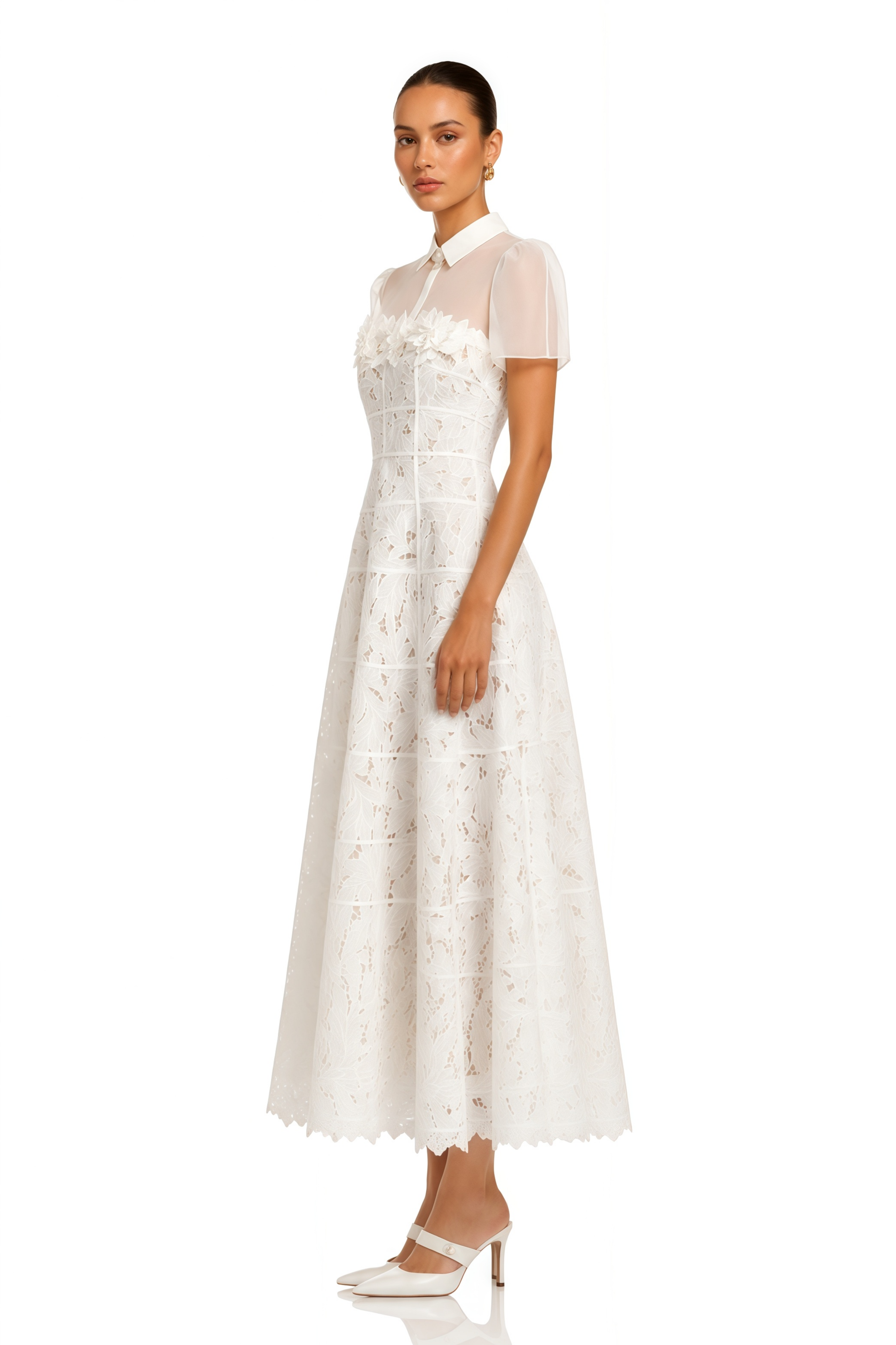 Philippa White Mesh Panel Midi Dress with Lace Applique