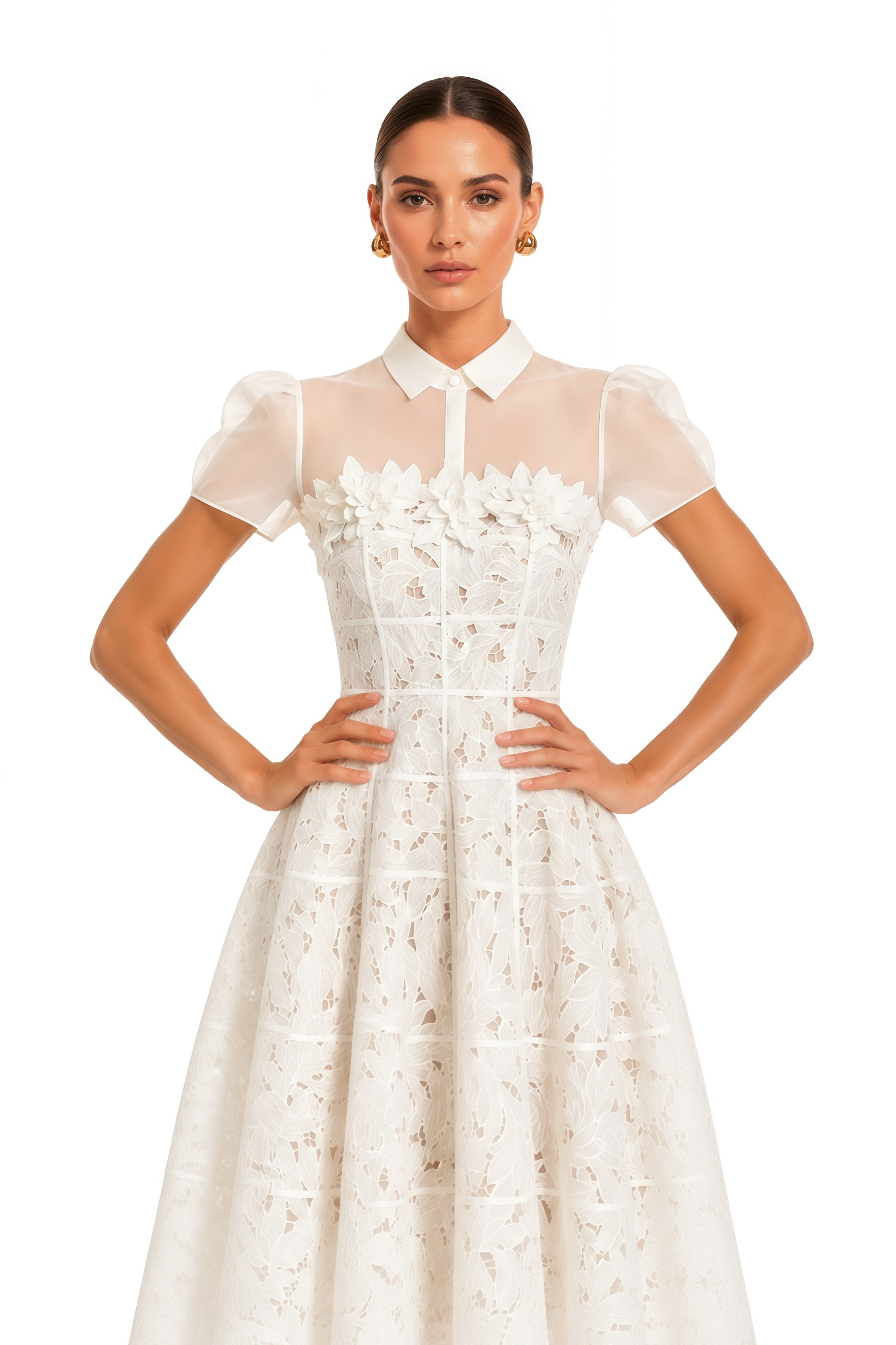 Philippa White Mesh Panel Midi Dress with Lace Applique