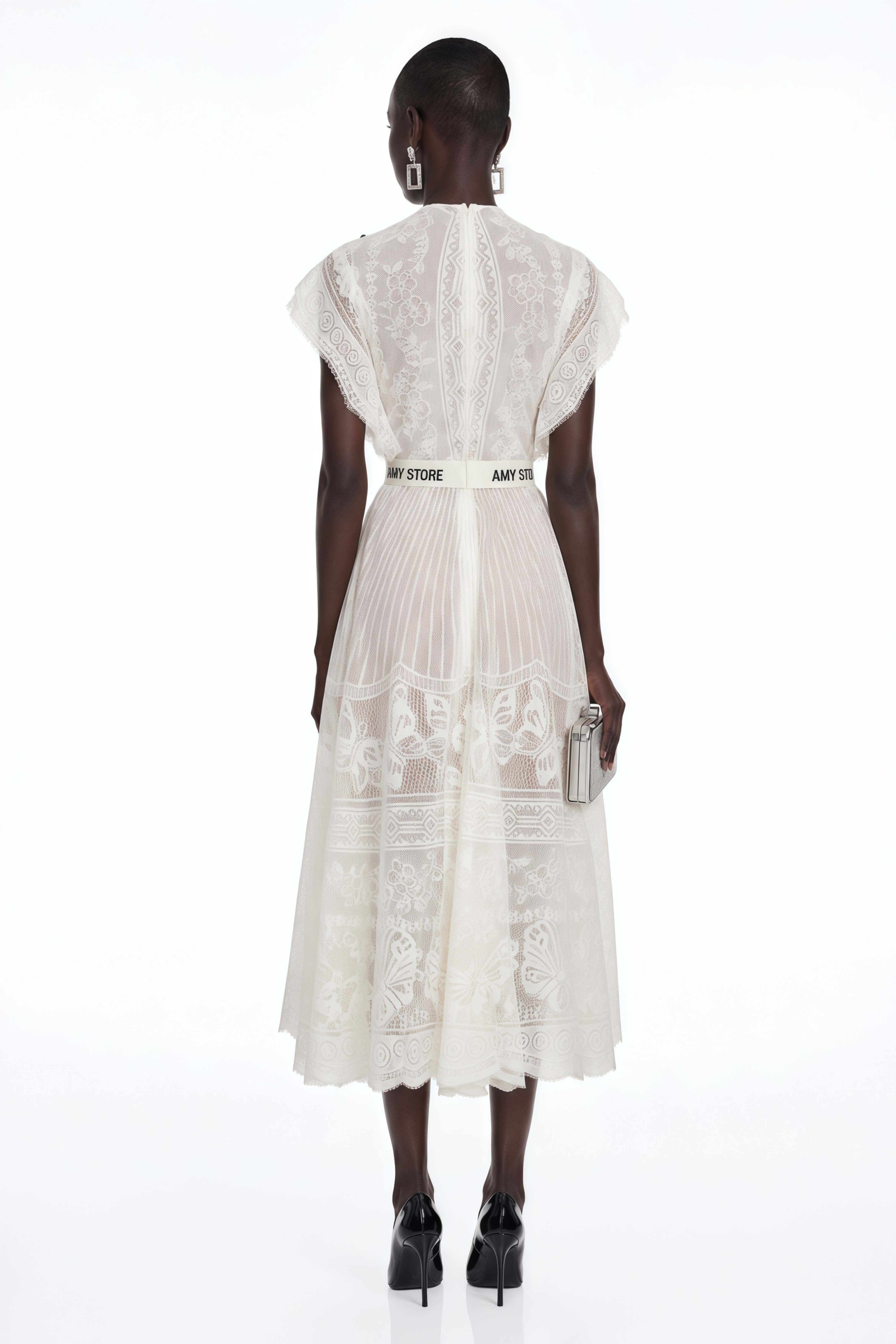Phoebe White Jacquard Floral-lace Pleated Midi Dress