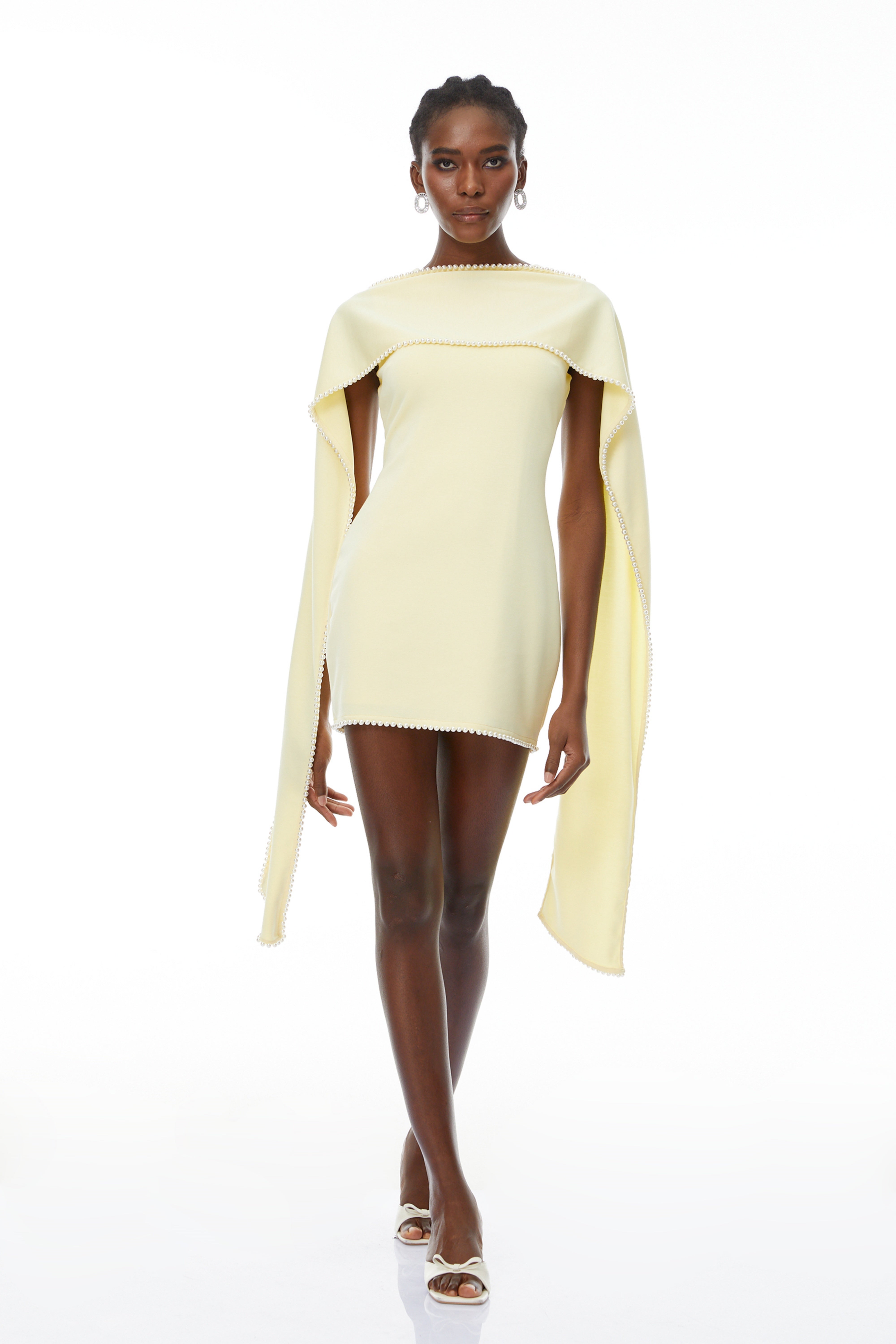 Piroska Yellow Sleeveless Pearl Trim Mini Dress