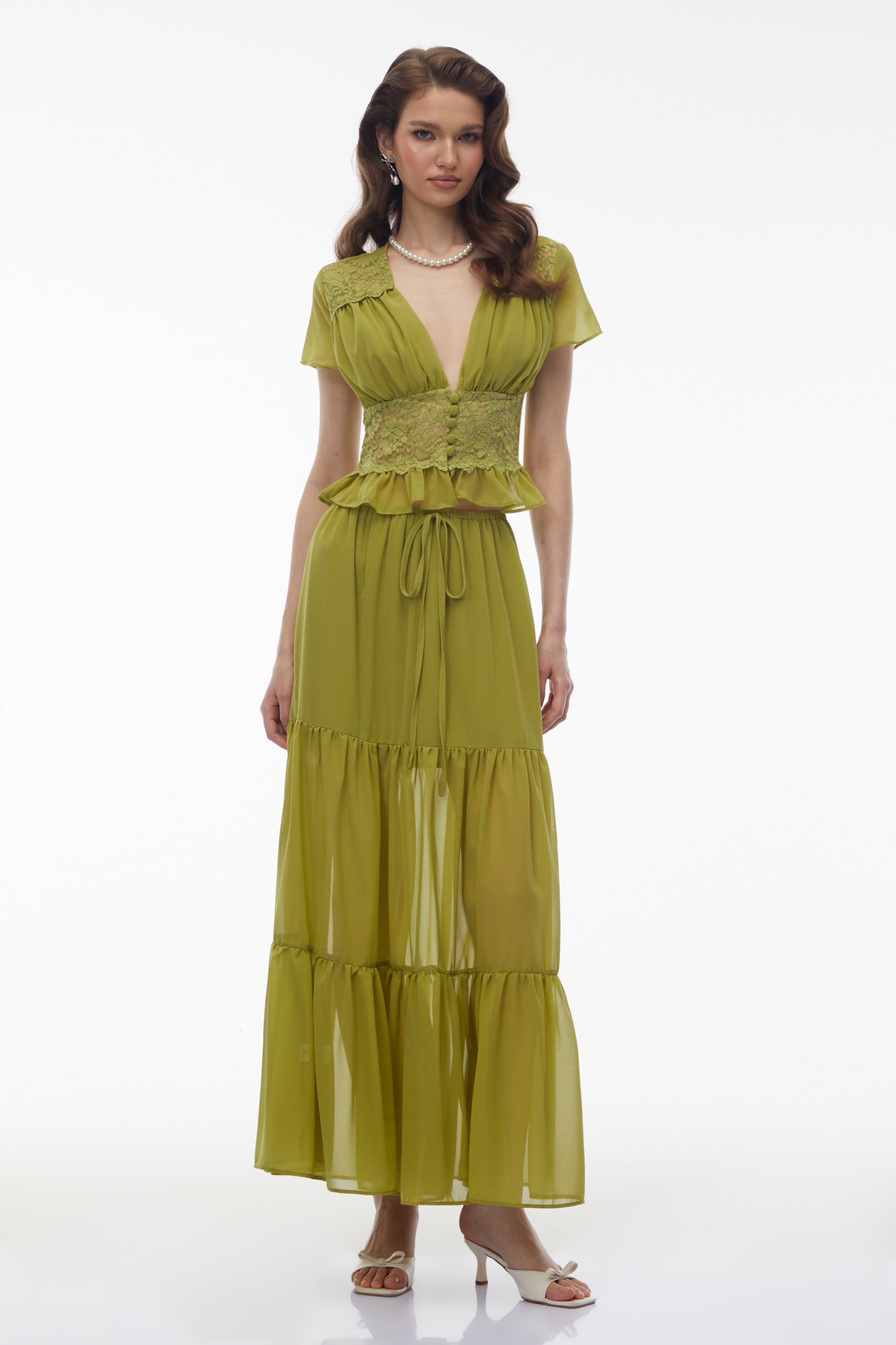 Pleiade – Set aus grünem Chiffon-Oberteil und Rock mit Blumenmuster und Spitze