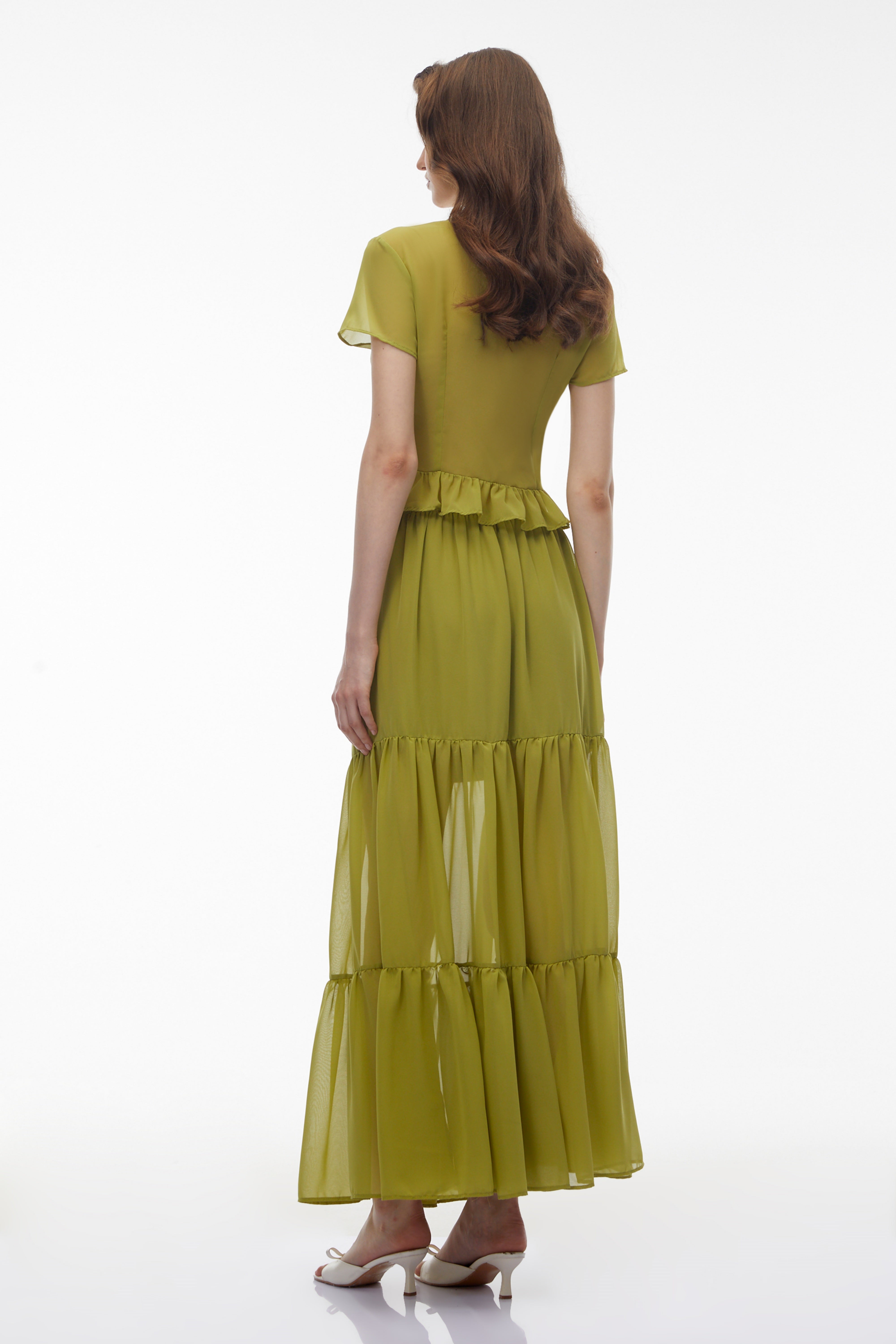 Pleiade – Set aus grünem Chiffon-Oberteil und Rock mit Blumenmuster und Spitze