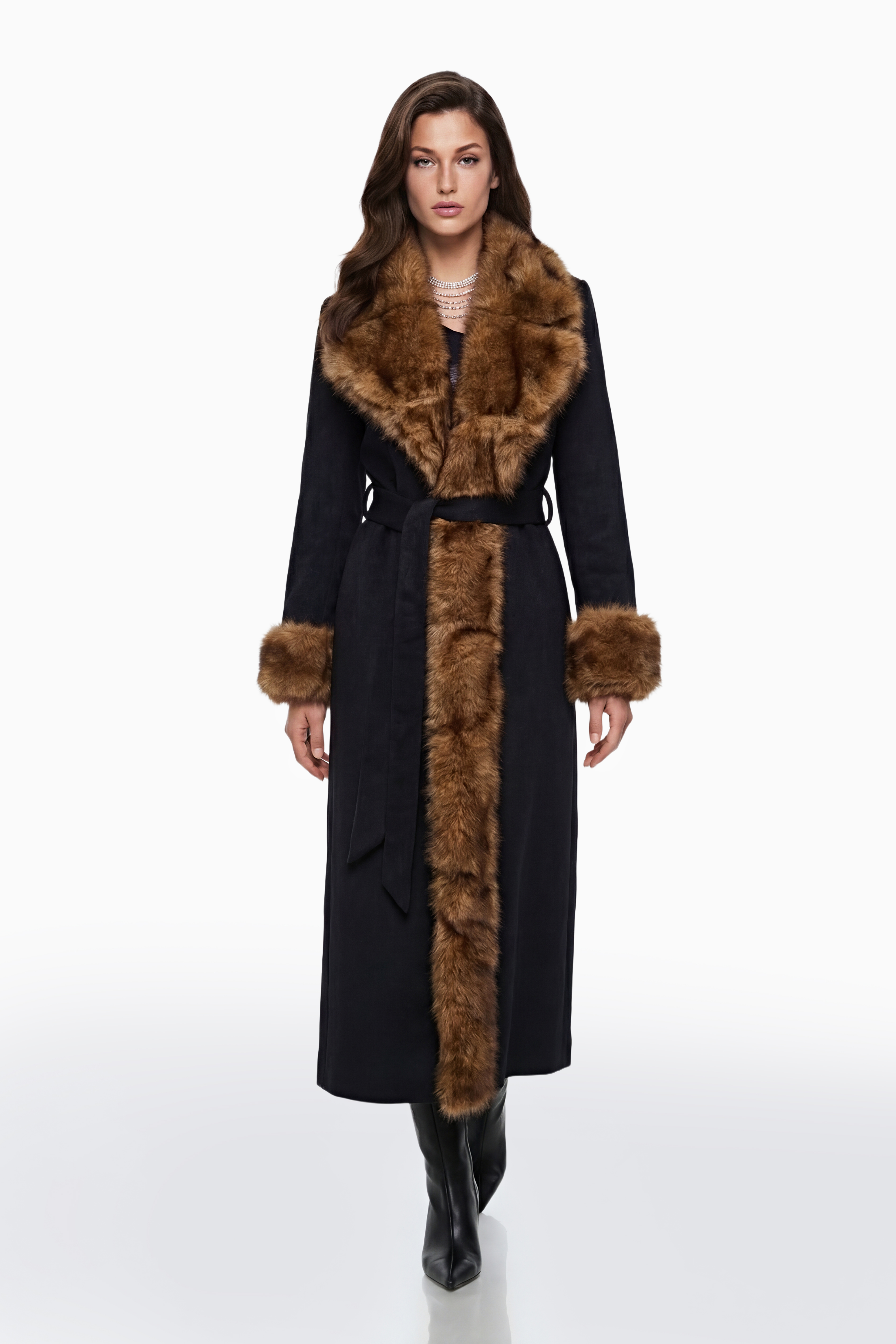 Pola-Mantel aus schwarzer Wollmischung mit Kunstfellkragen