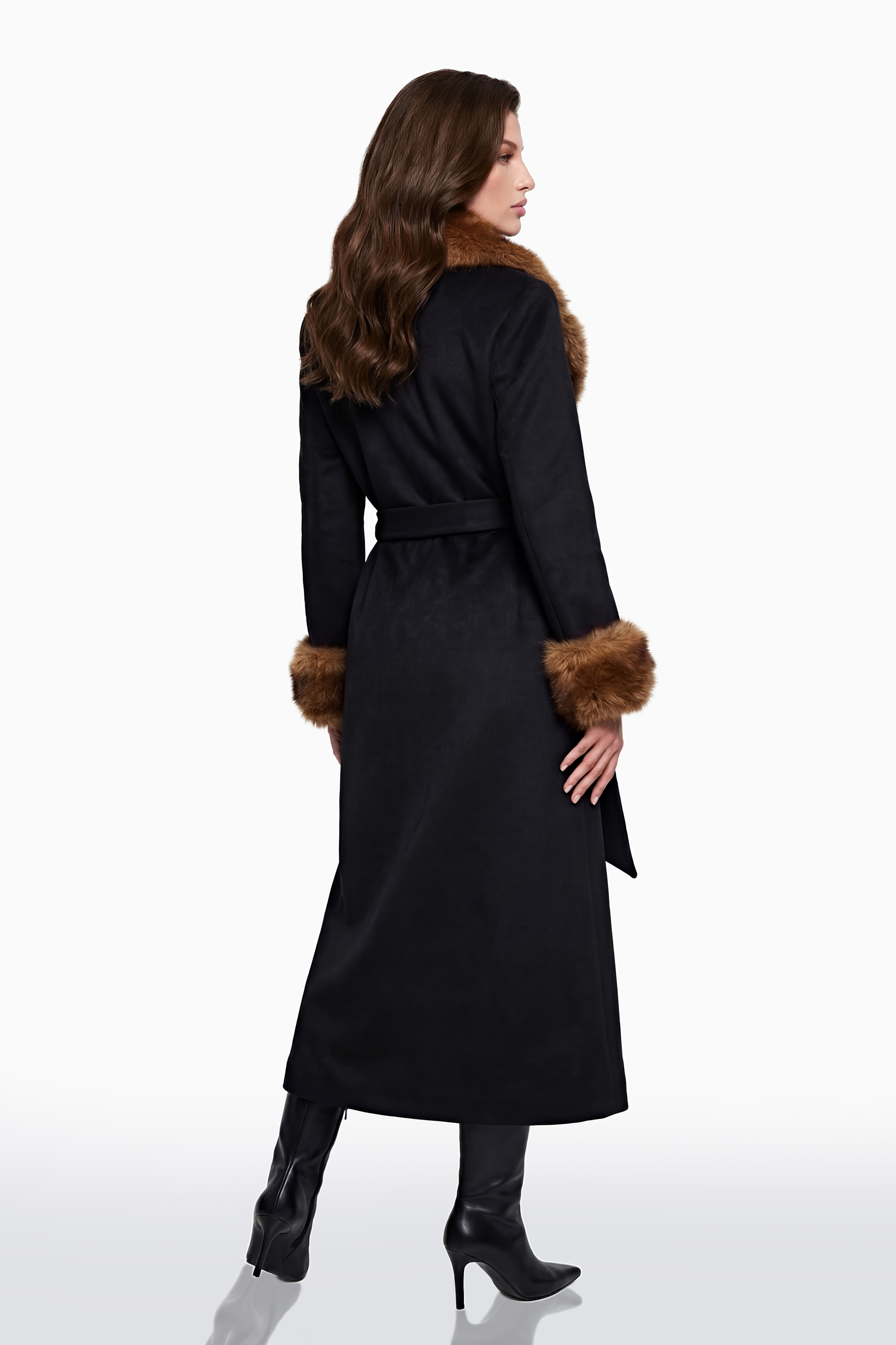 Pola-Mantel aus schwarzer Wollmischung mit Kunstfellkragen