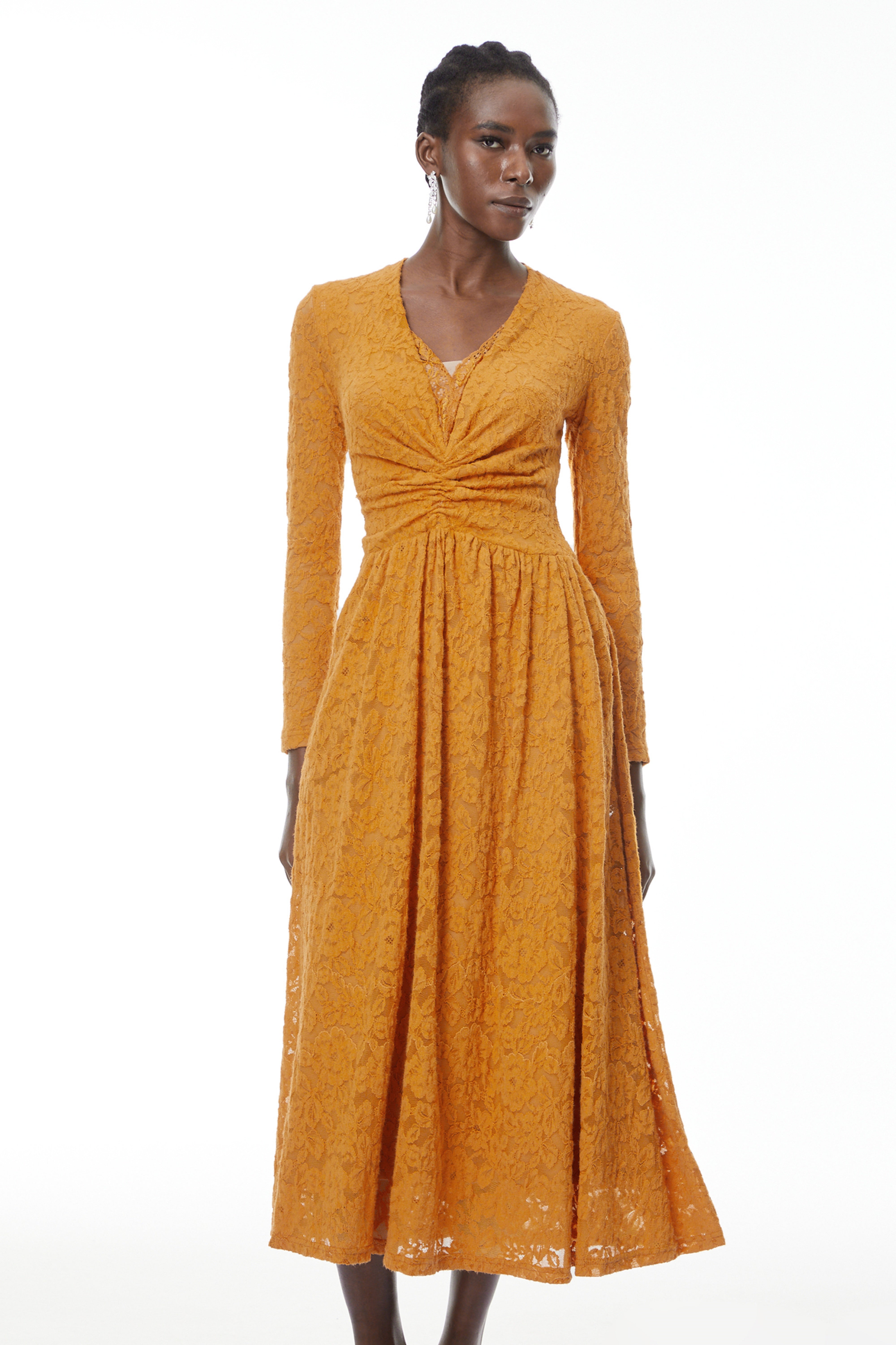 Posie Yellow Floral Lace Ruched Maxi Dress