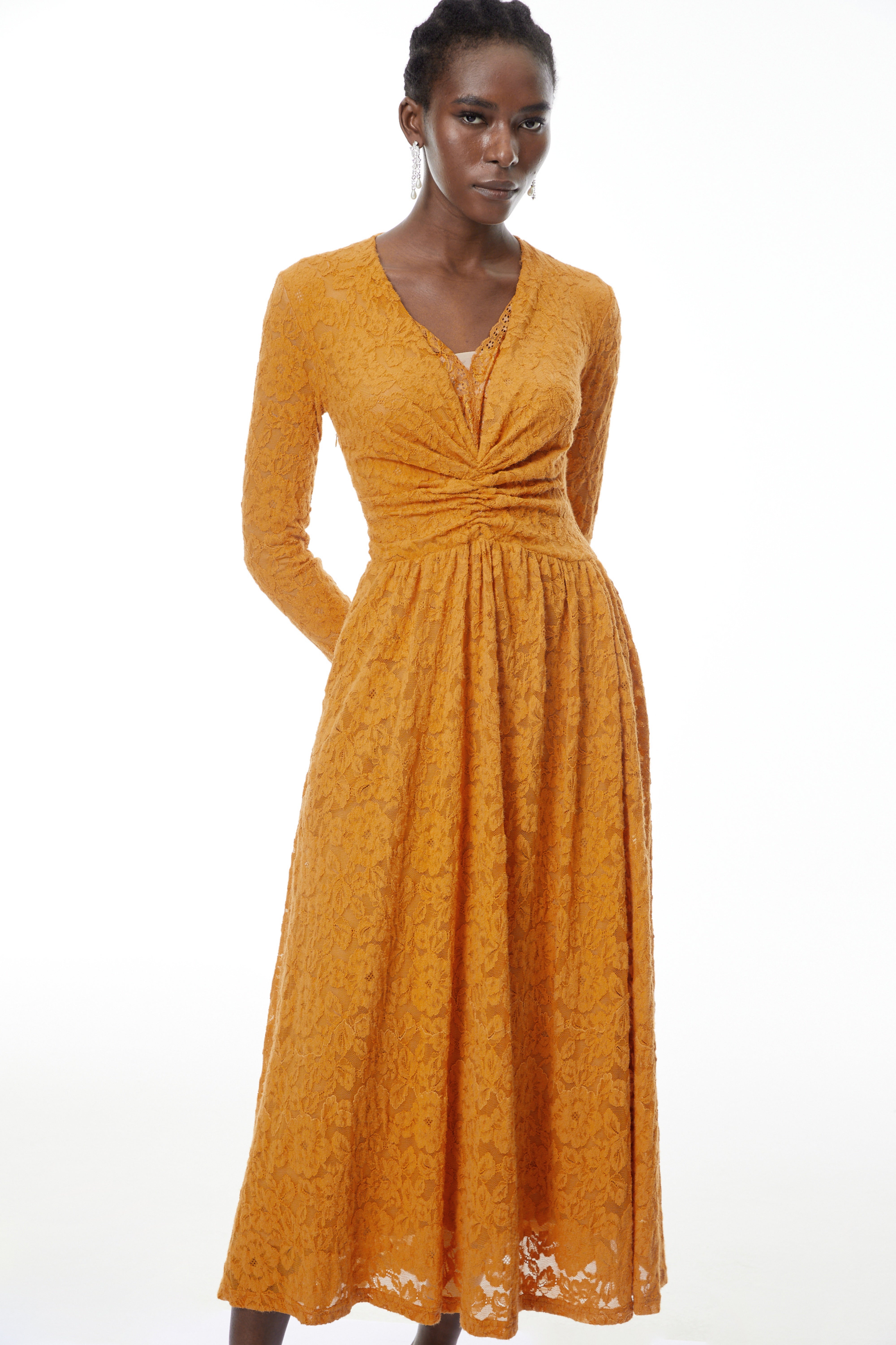 Posie Yellow Floral Lace Ruched Maxi Dress