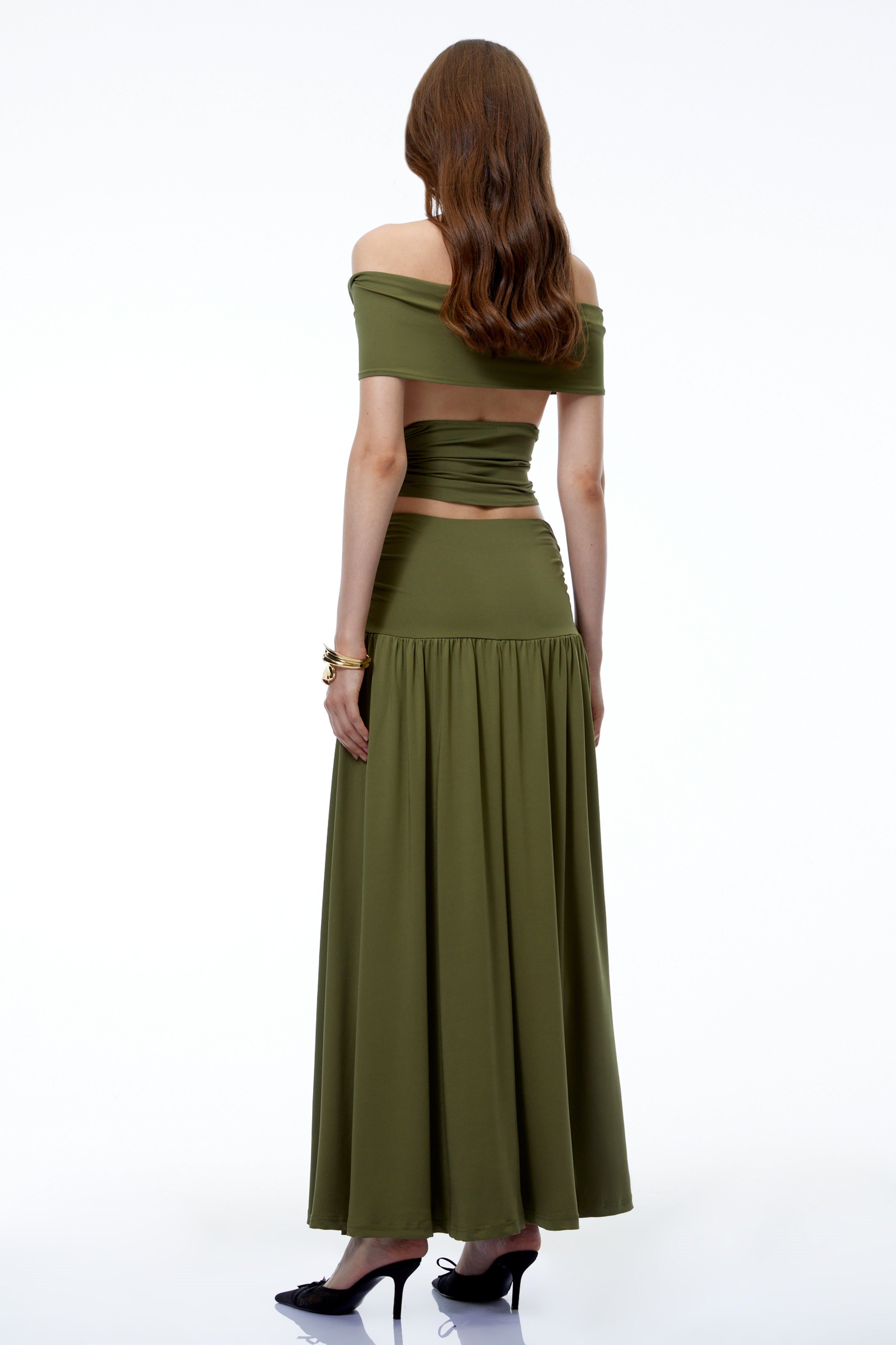 Priscille Olive Green Off Shoulder Crop Top & Skirt Set