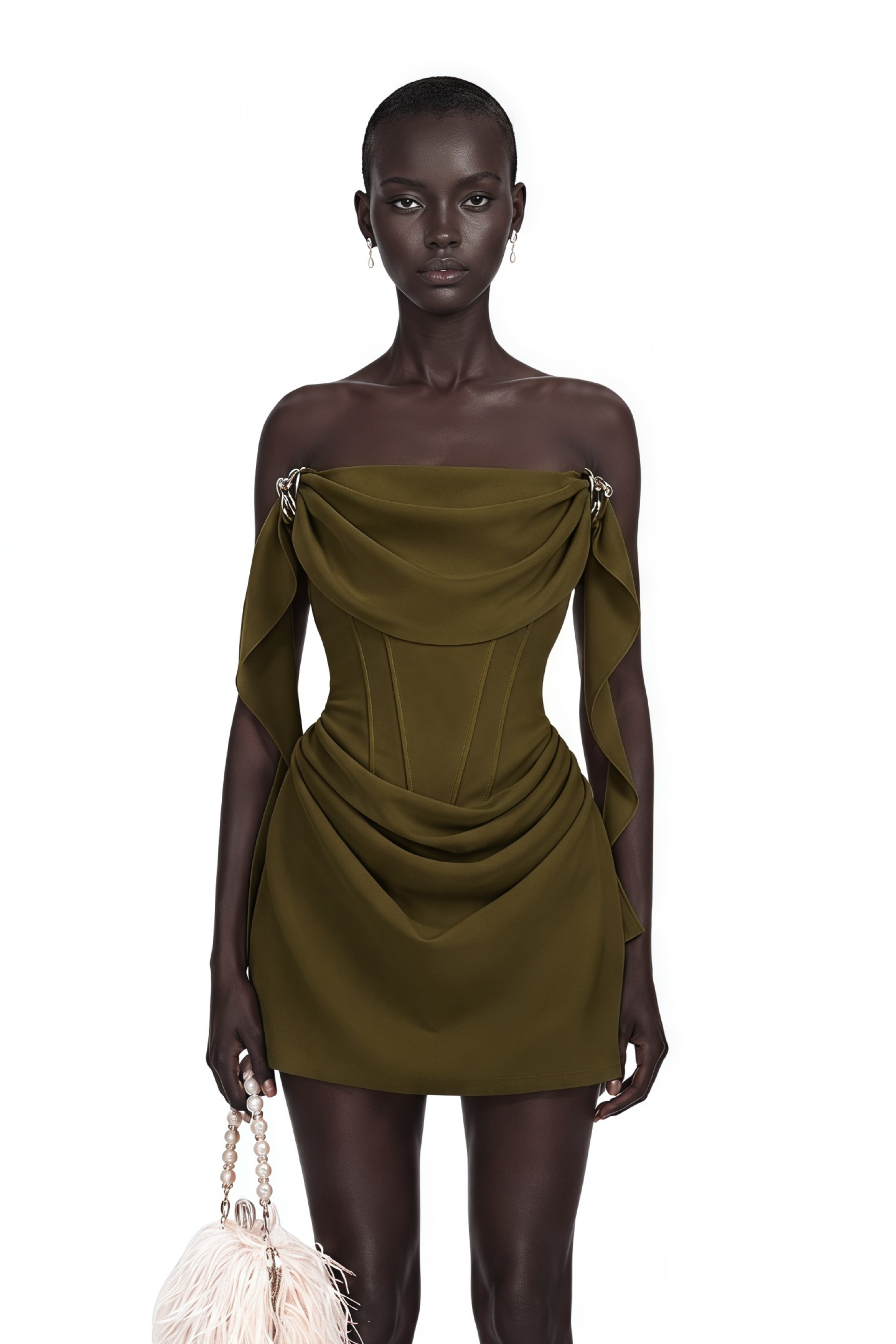 Prune Olive Green Ruched Mini Dress with Metal Hardware