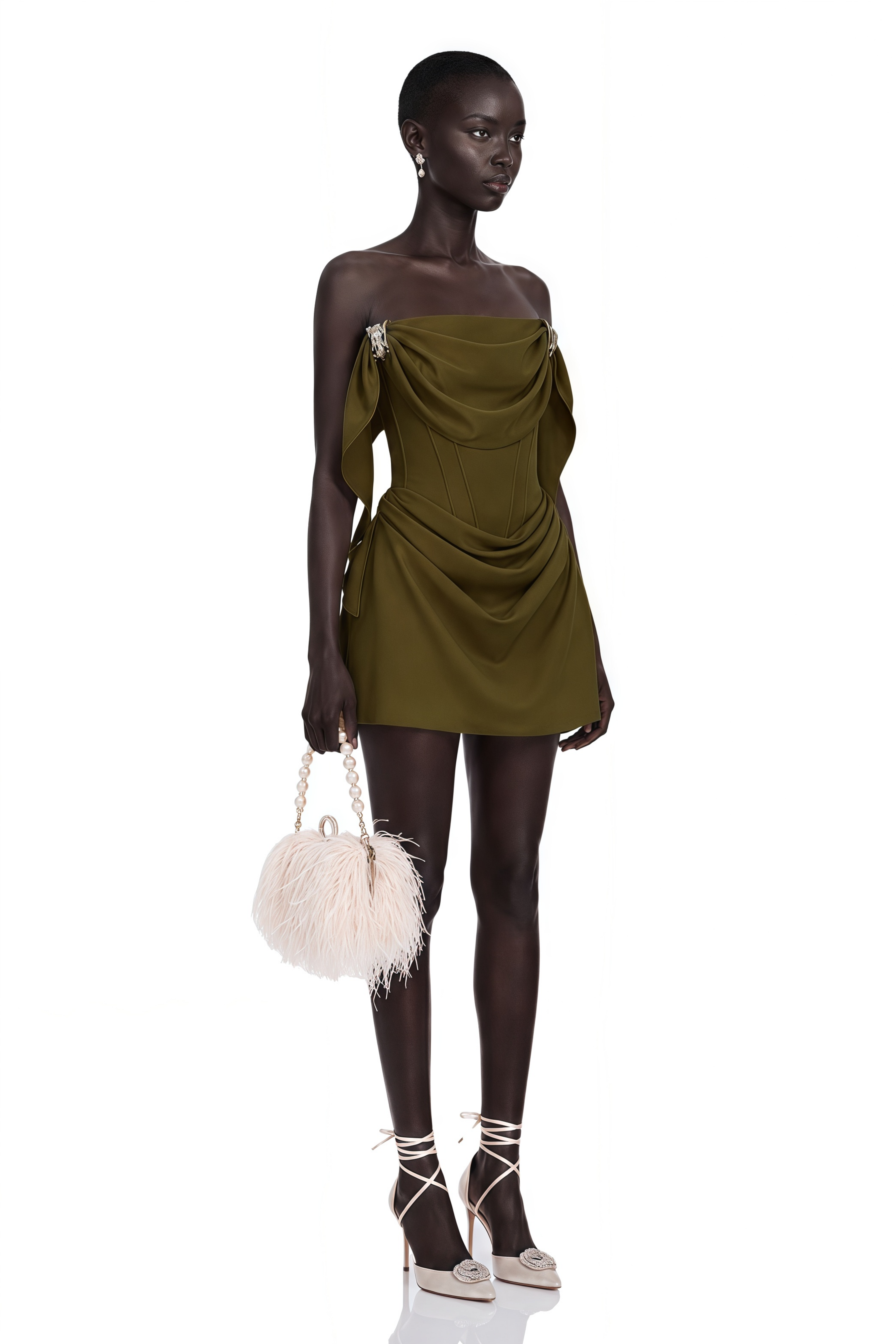 Prune Olive Green Ruched Mini Dress with Metal Hardware