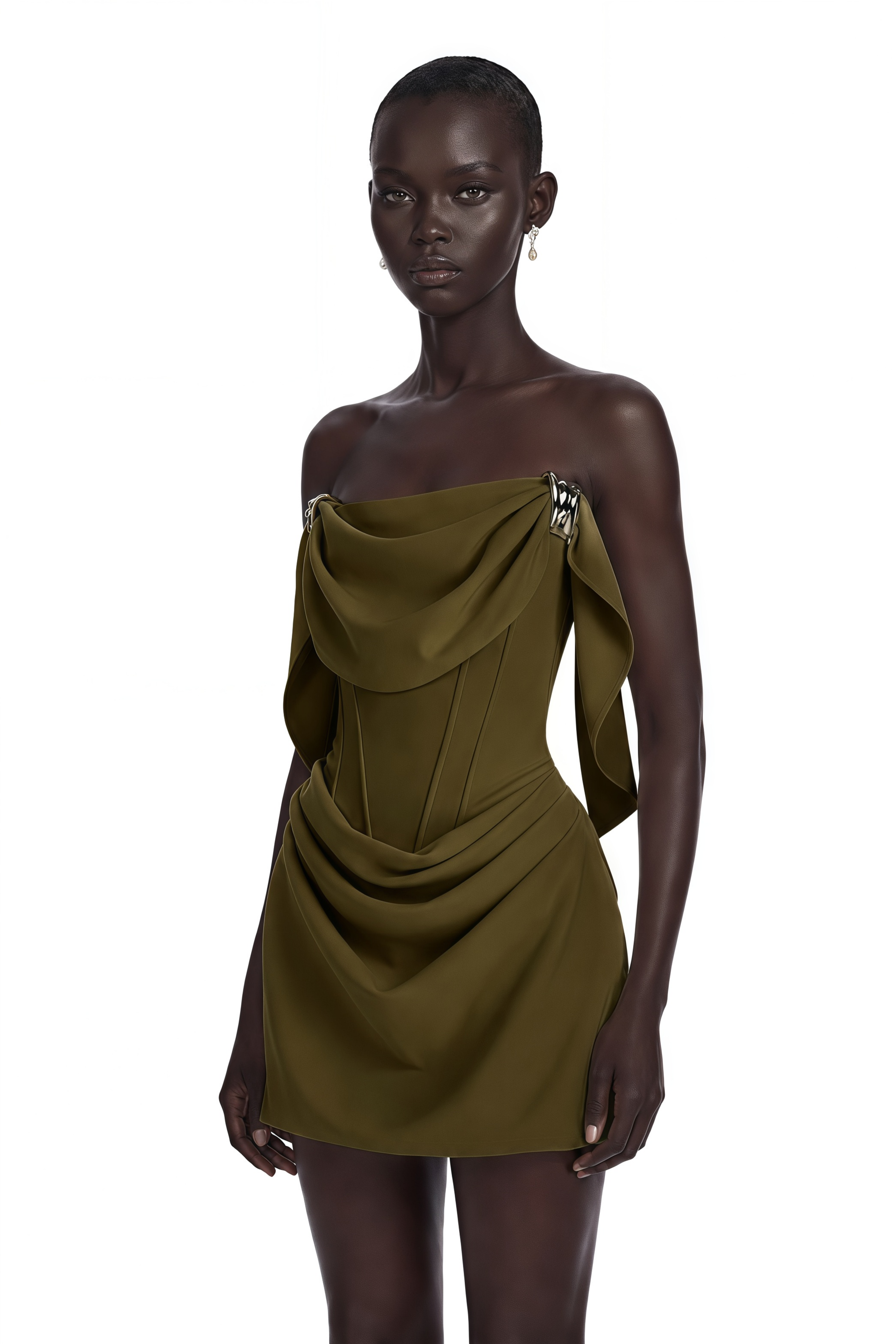 Prune Olive Green Ruched Mini Dress with Metal Hardware