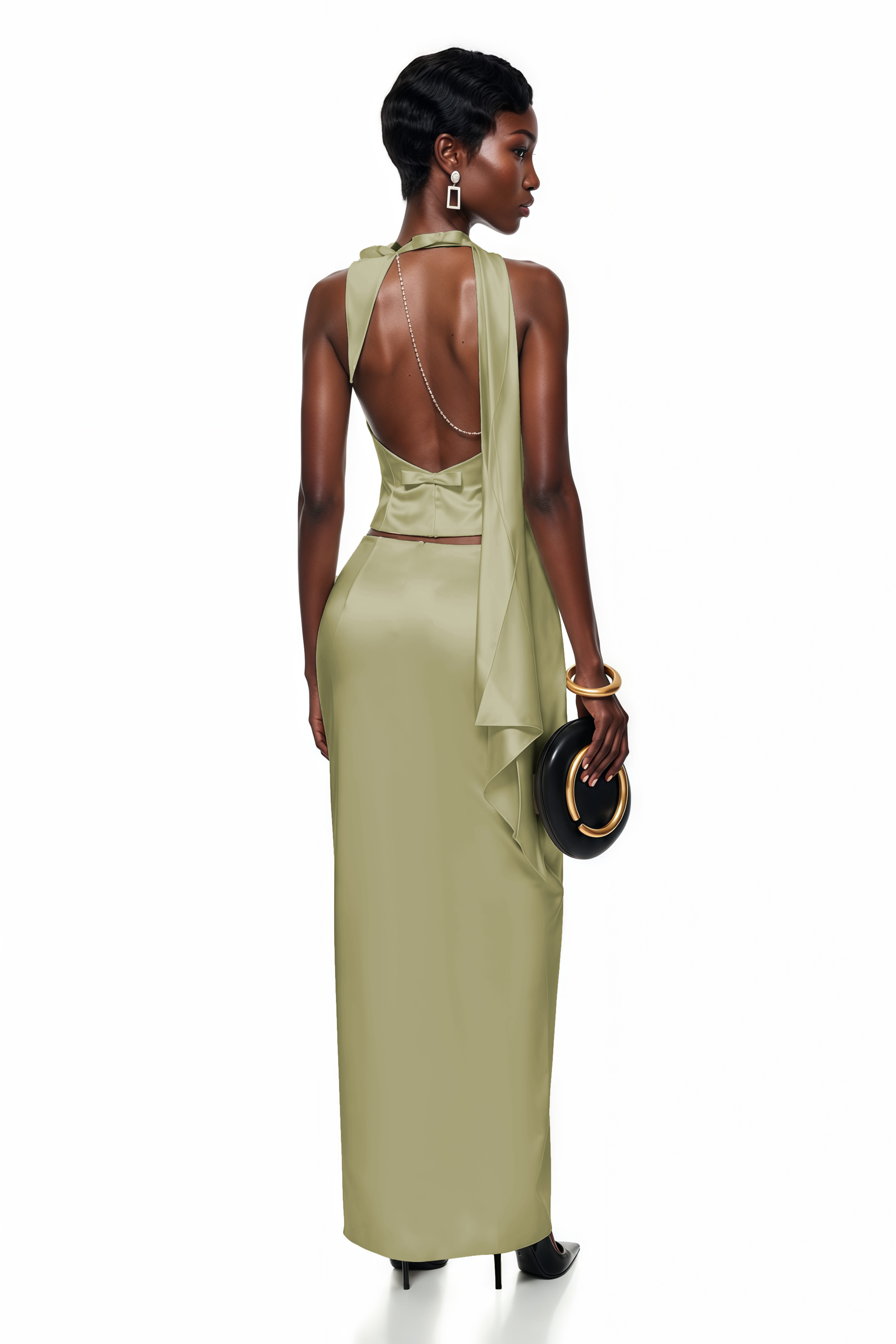 Querubina Green Plunge Neck Satin Top & Skirt Set