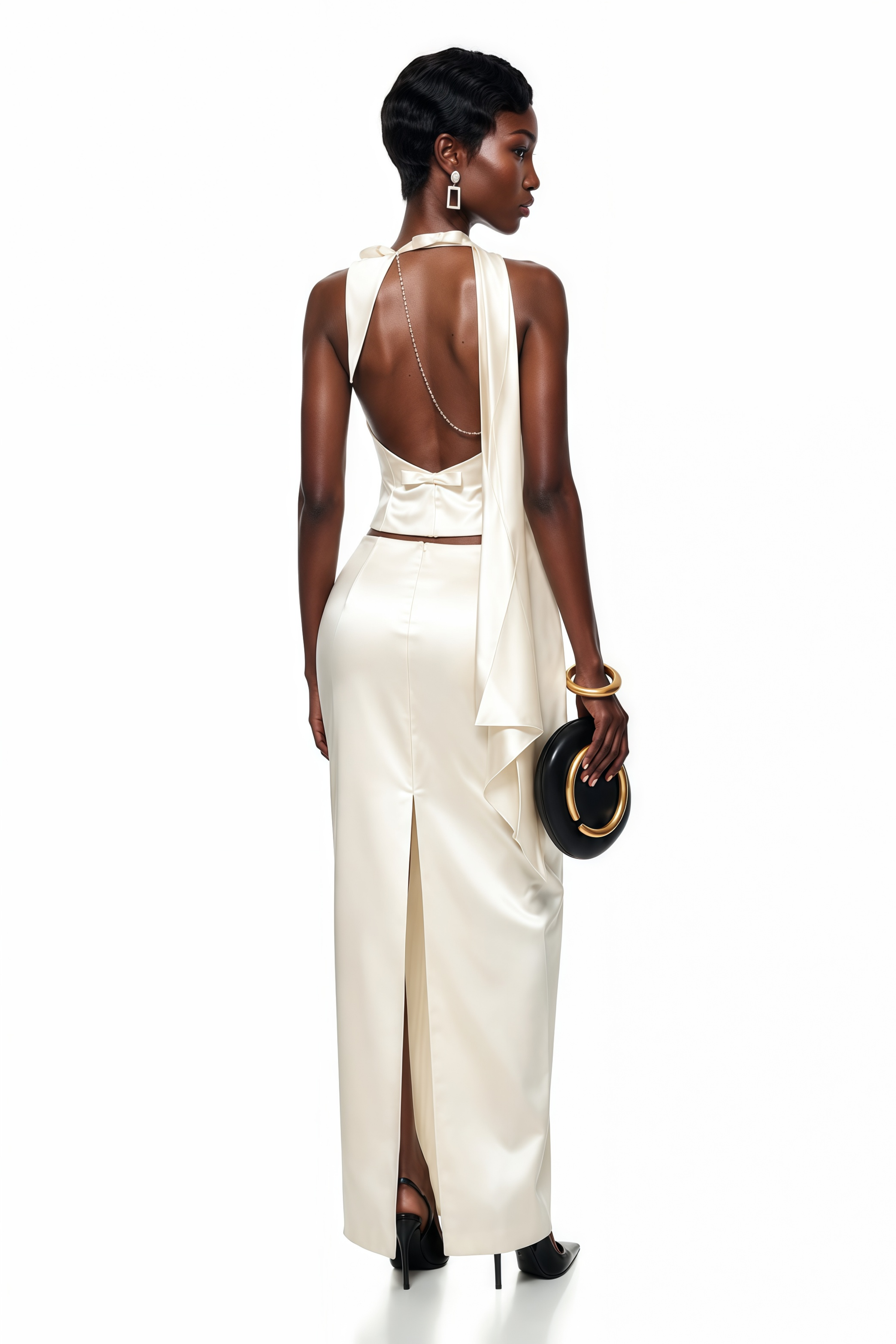 Querubina Ivory Plunge Neck Satin Top & Skirt Set