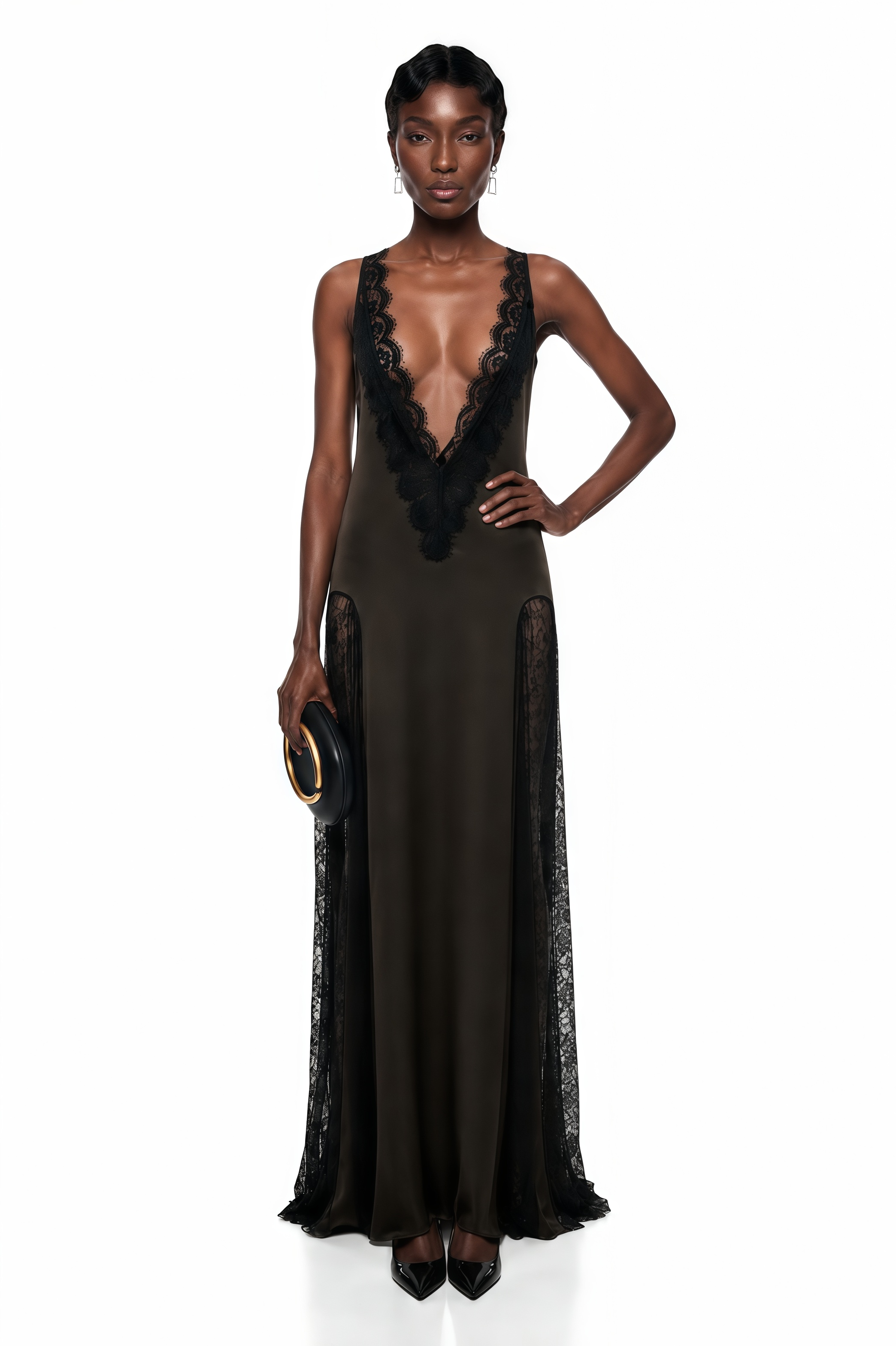 Robe longue en satin à dos nu et bordures en dentelle Querubina Olive