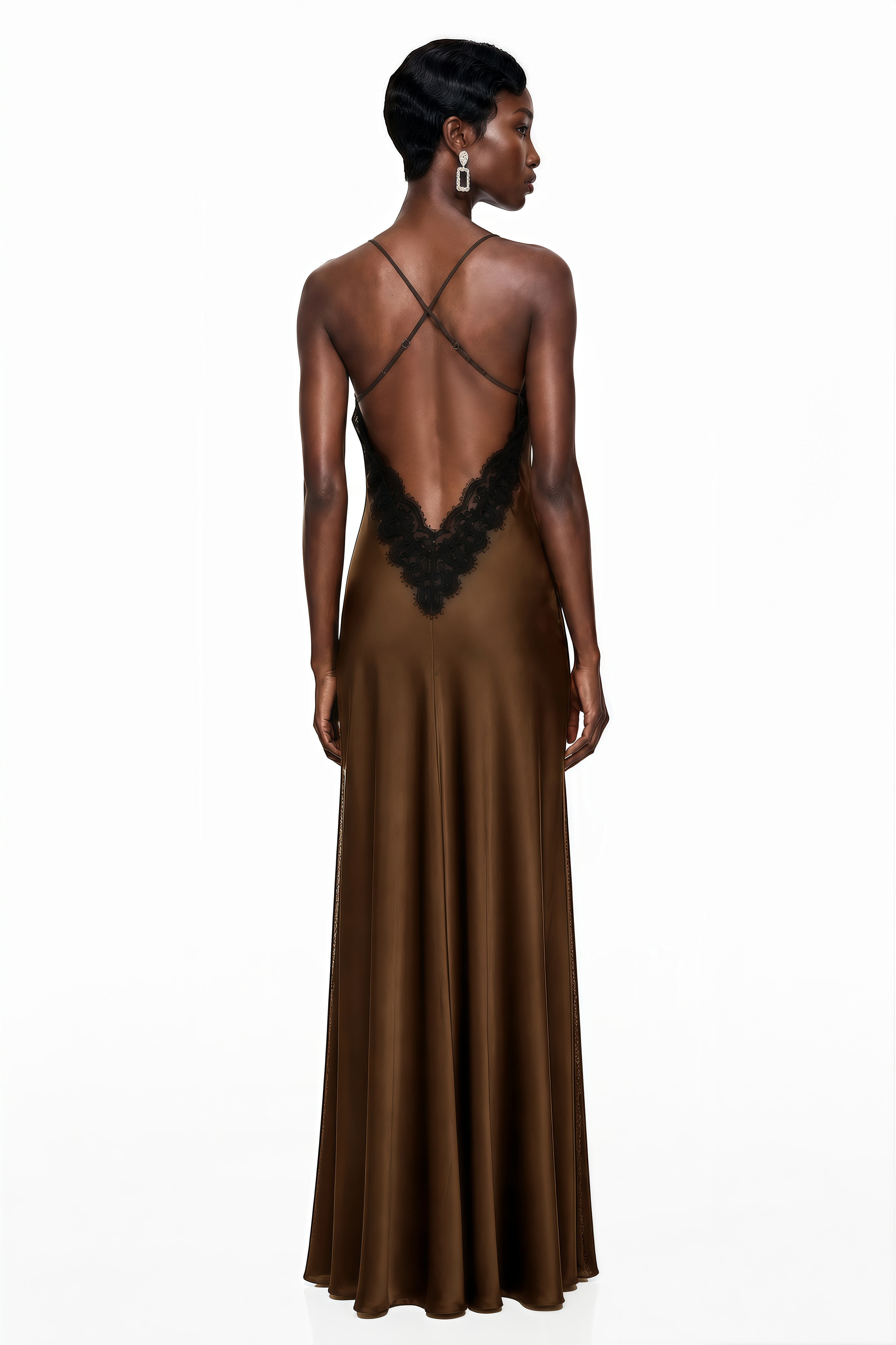 Brown satin maxi dress with a plunging V-neckline and black lace panel inserts