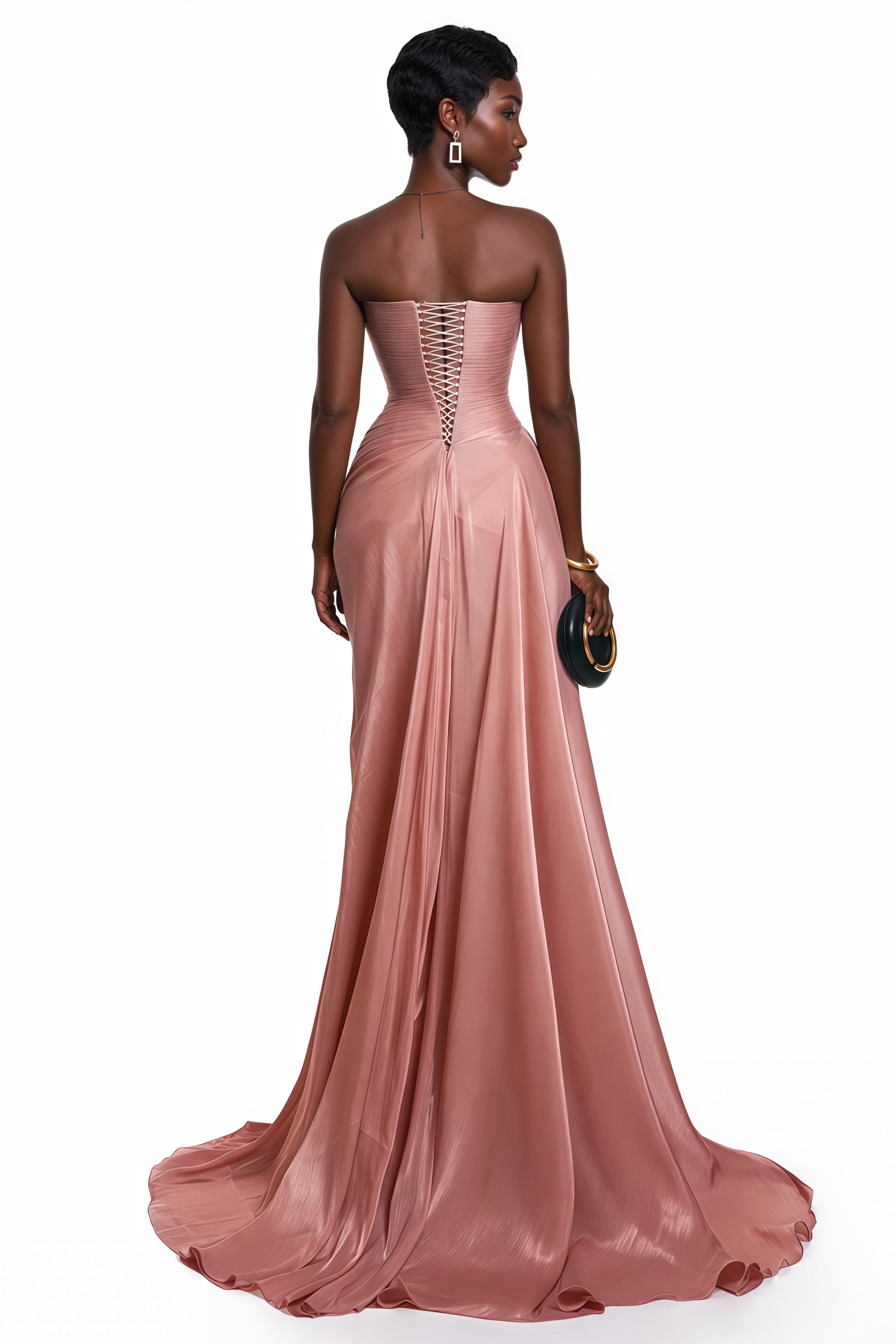 Rosa, asymmetrisches Maxikleid mit Rüschen