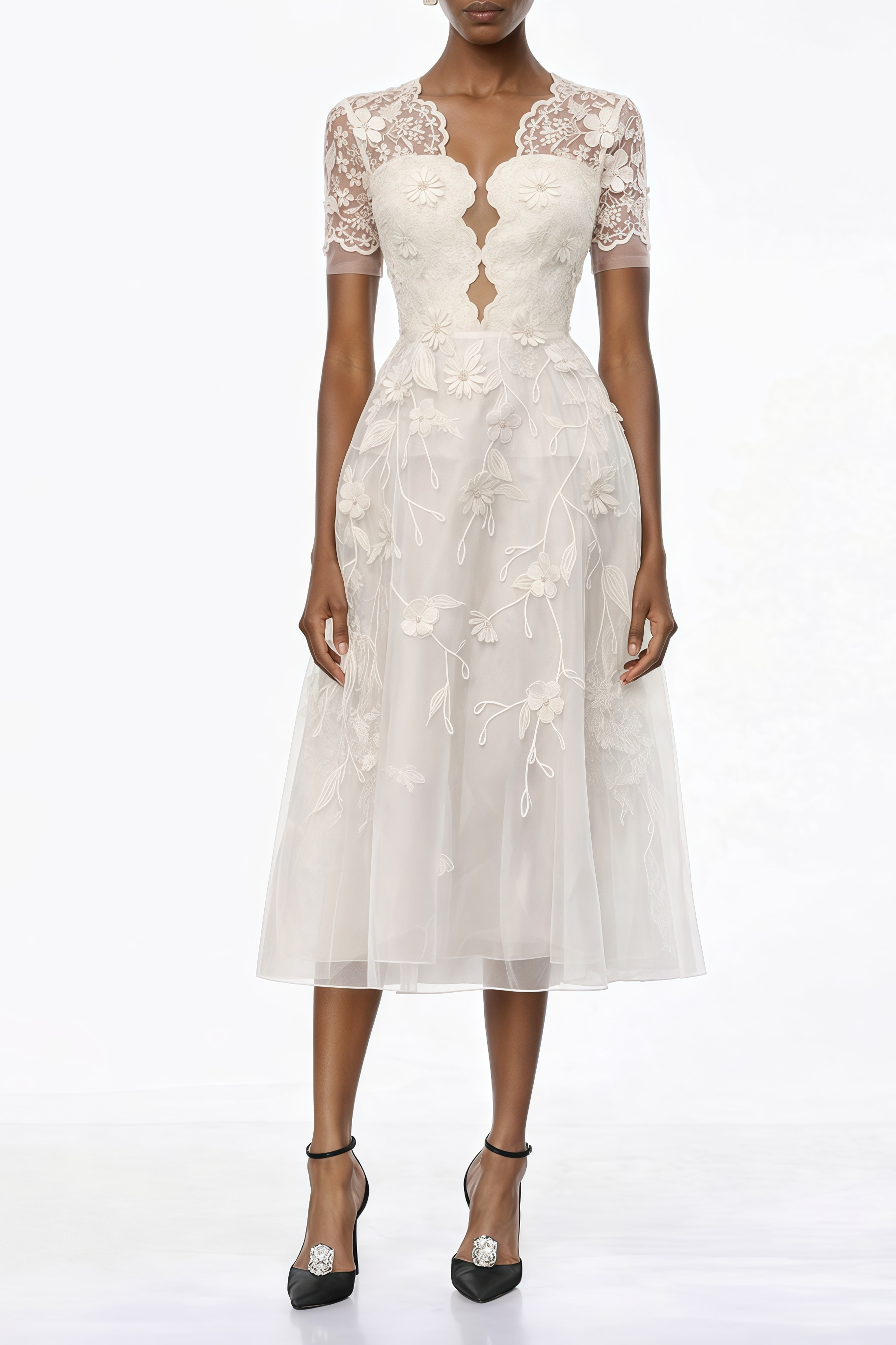 Quetz Weißes Midikleid mit 3D-Blütenblättern