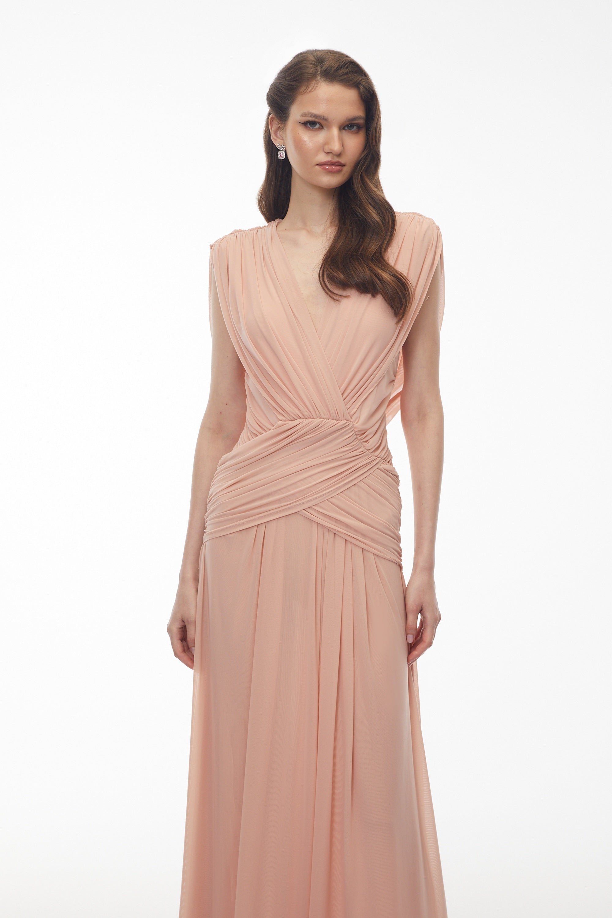Quiana Blush Pink V-Neck Cross Front Ruched Maxi Dress