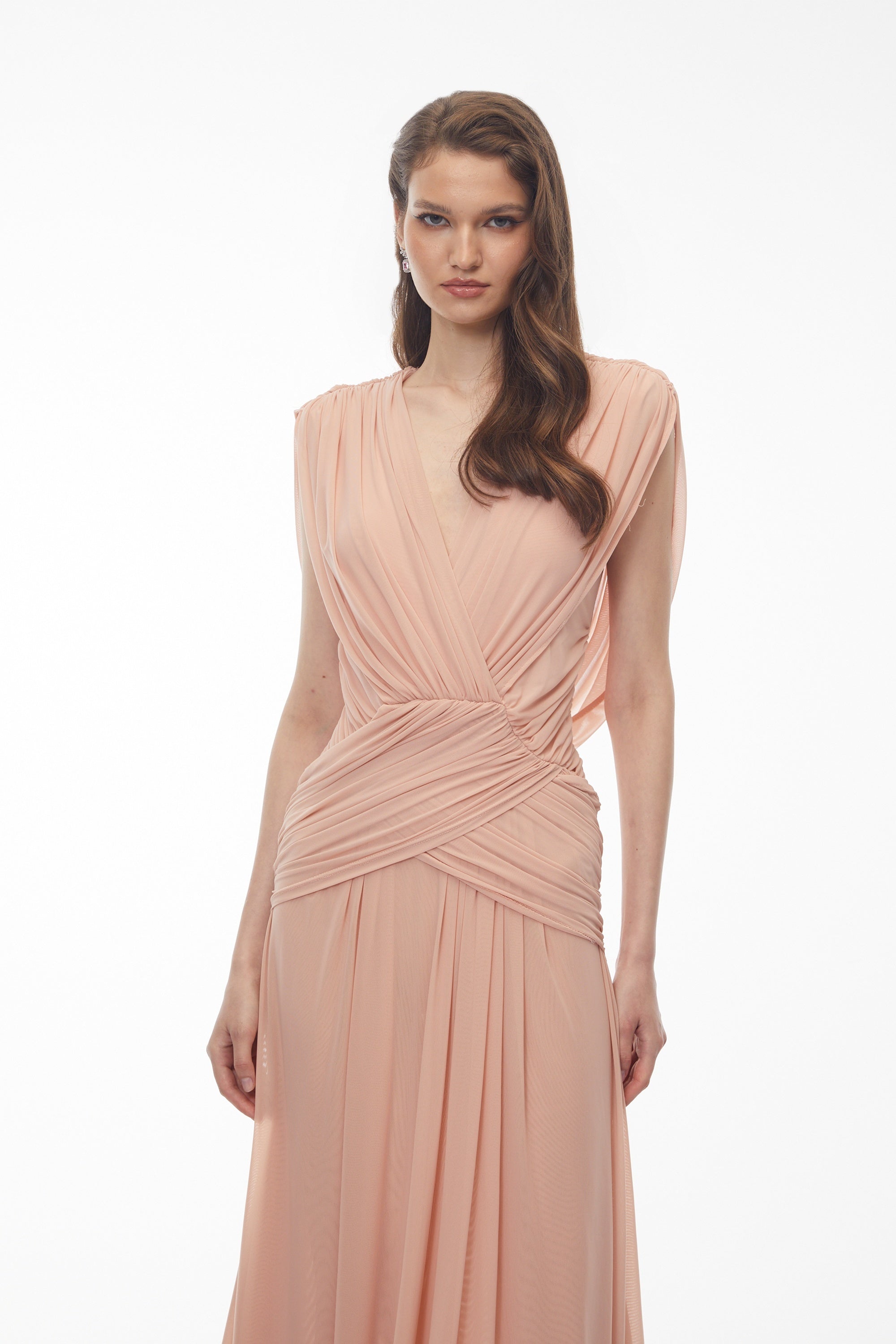 Quiana Blush Pink V-Neck Cross Front Ruched Maxi Dress