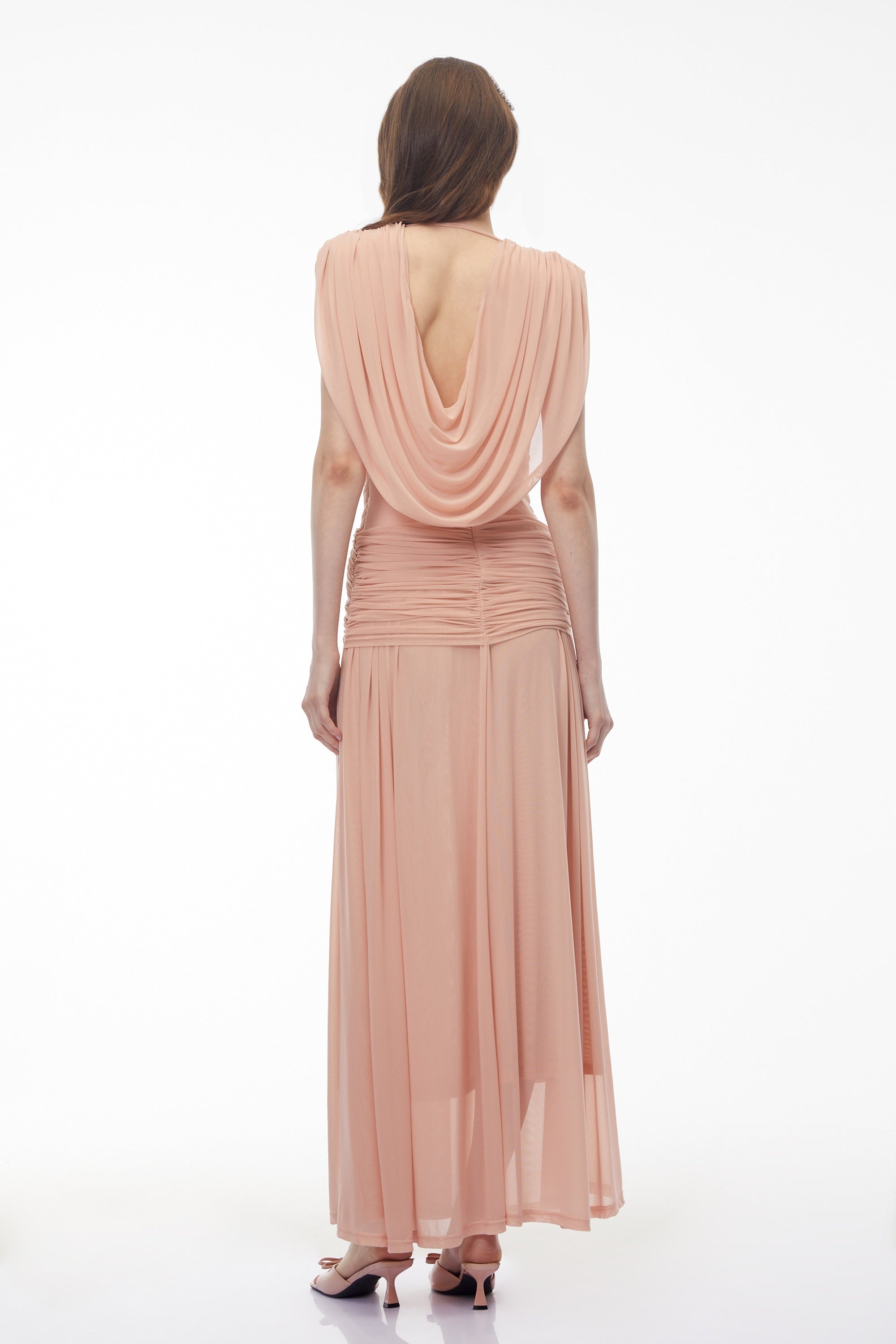Quiana Blush Pink V-Neck Cross Front Ruched Maxi Dress