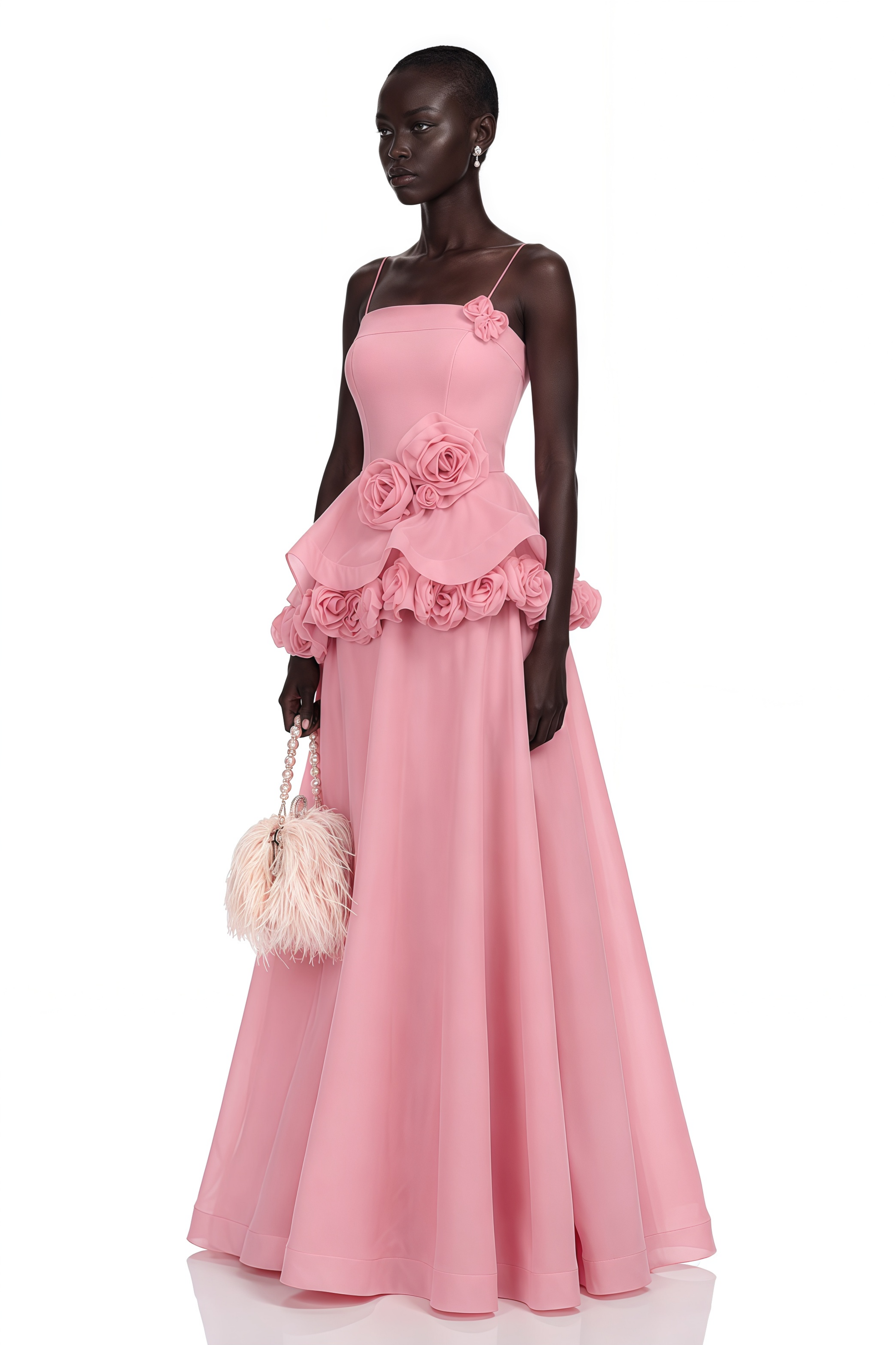 Quitterie Pink Asymmetrical Maxi Dress with 3D Florals