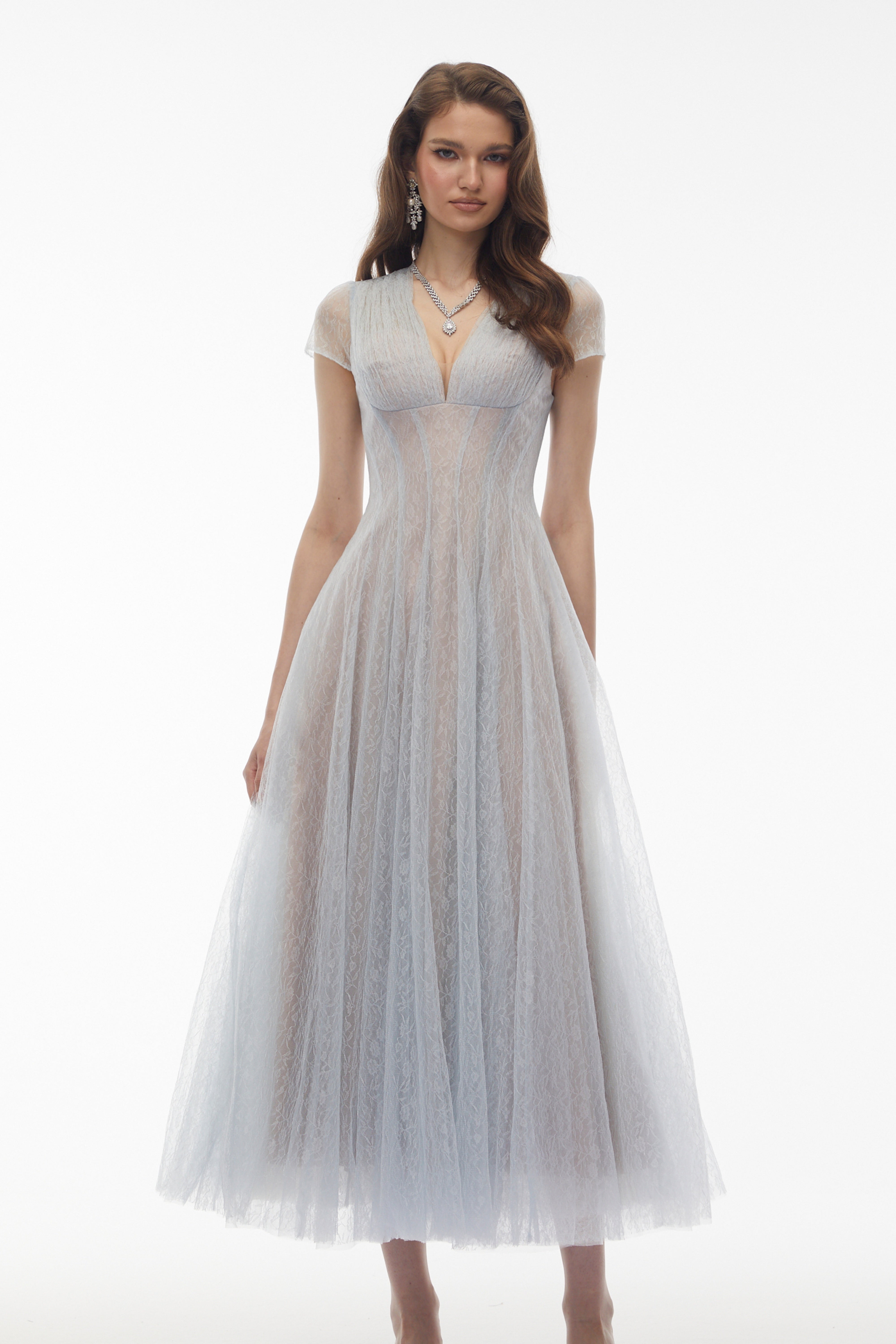 Radiya Blue Floral Lace Pleated Maxi Dress