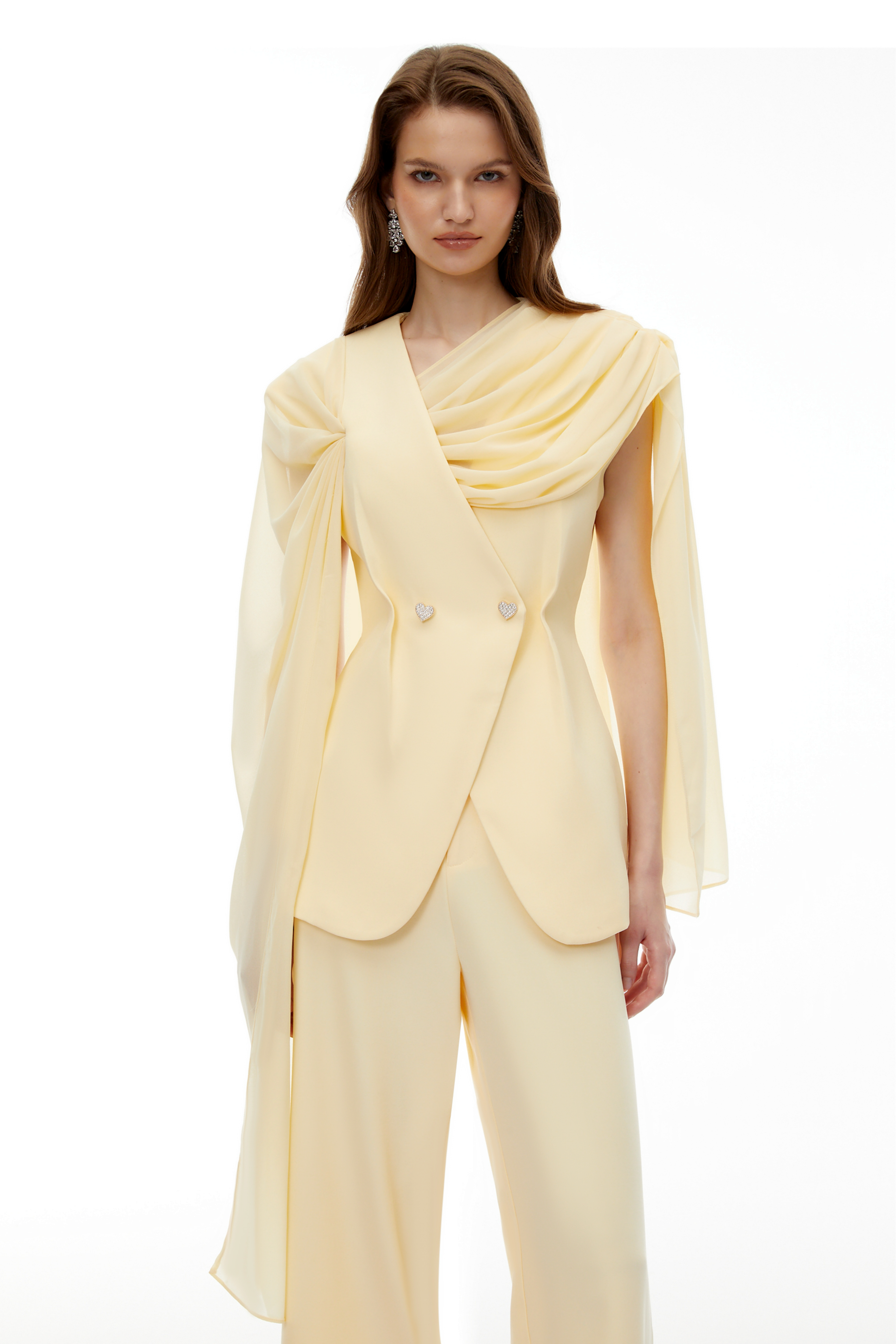 Gelbes Peplum-Oberteil mit drapiertem Ausschnitt & Kokonhose