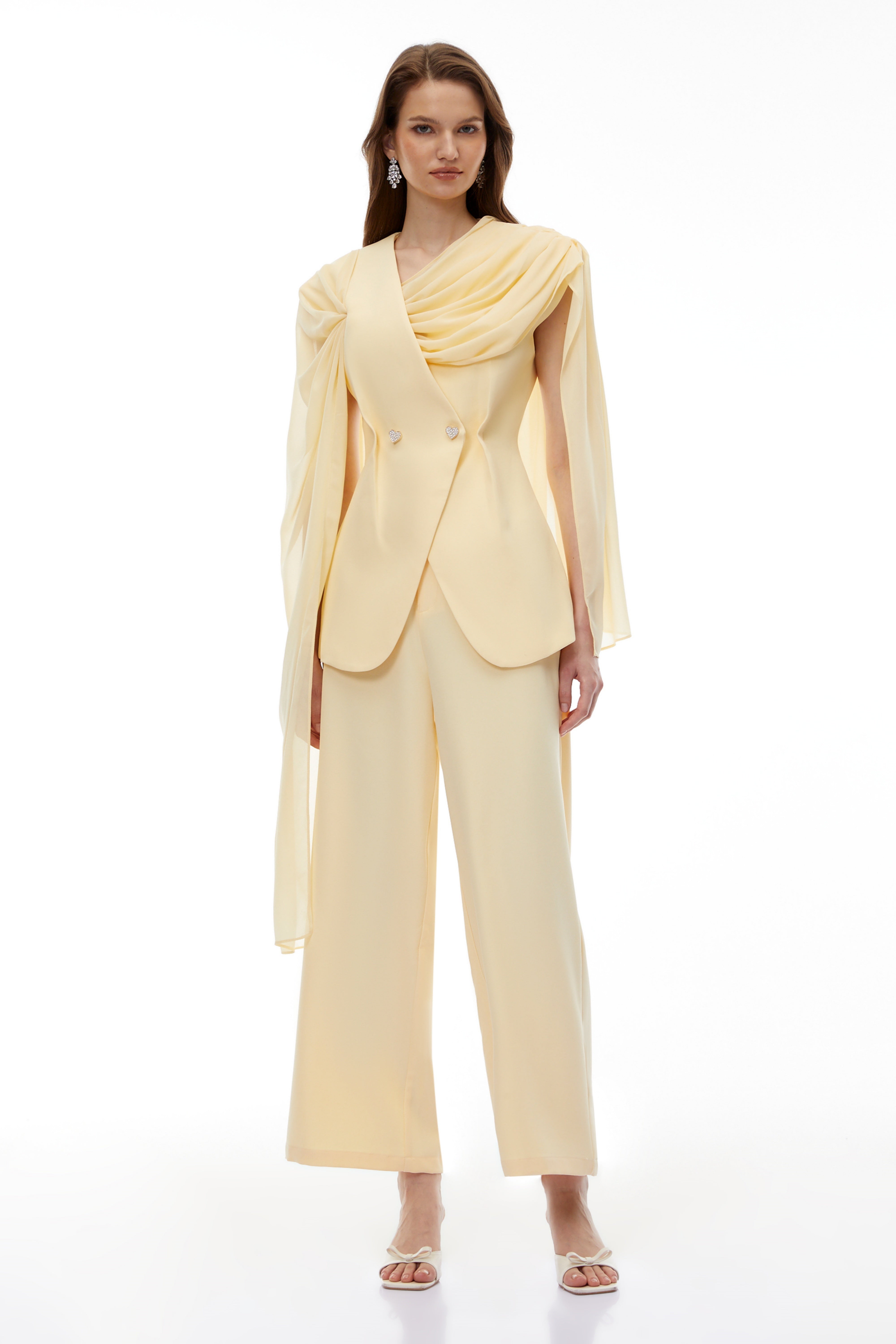 Gelbes Peplum-Oberteil mit drapiertem Ausschnitt & Kokonhose