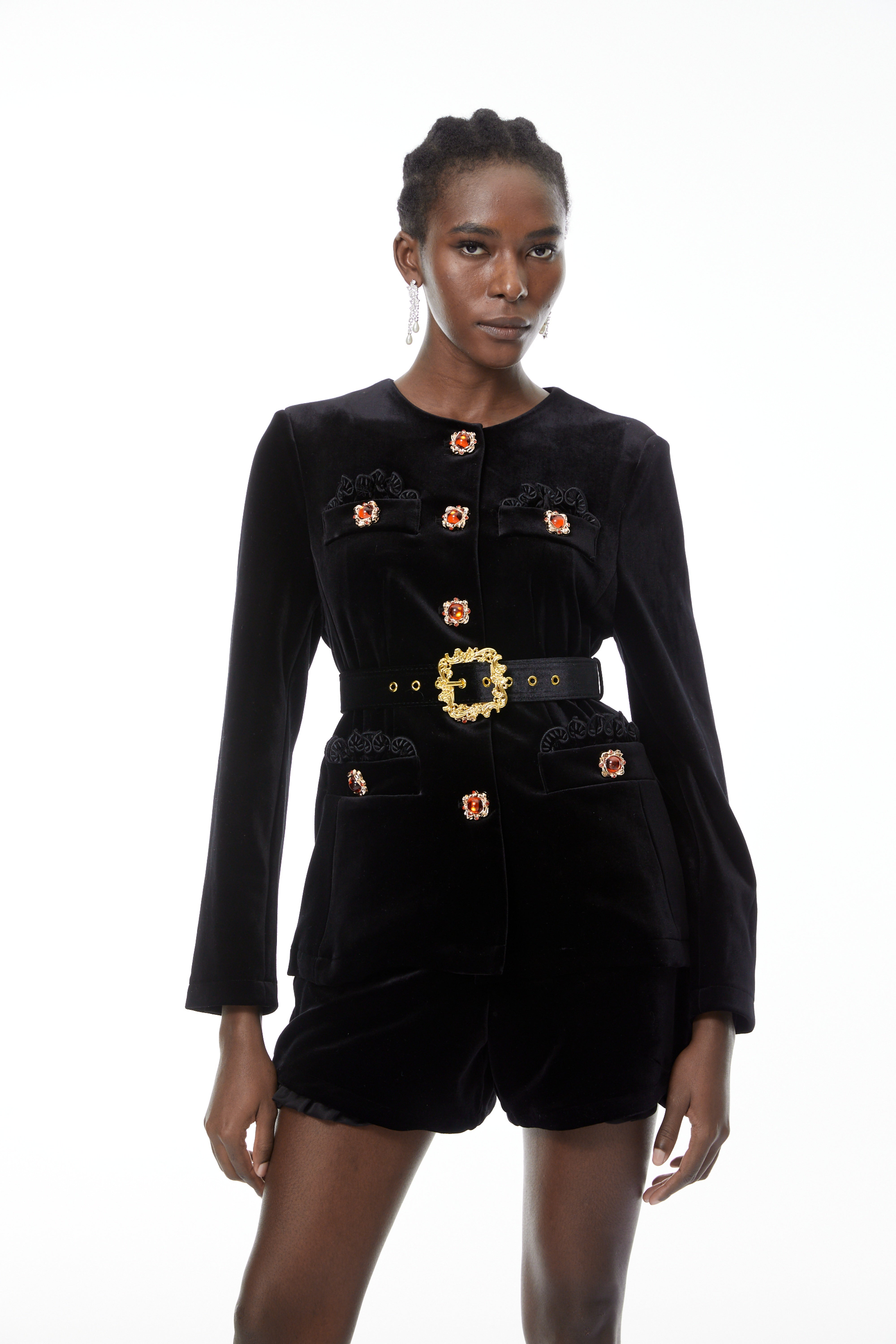 Reese Black Embellished Velvet Blazer & Shorts Set