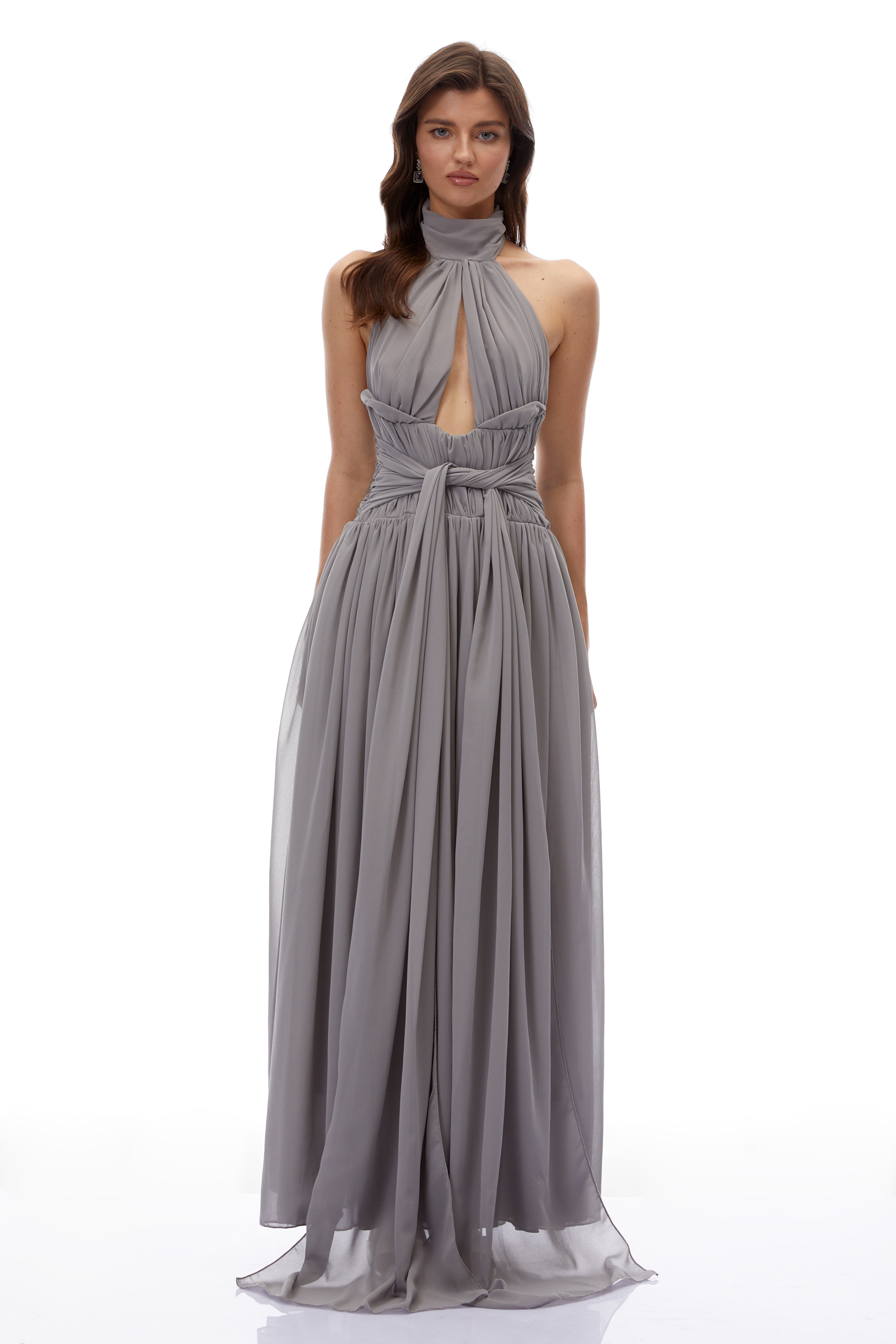 Remedios Grey Halterneck Ruched Maxi Dress