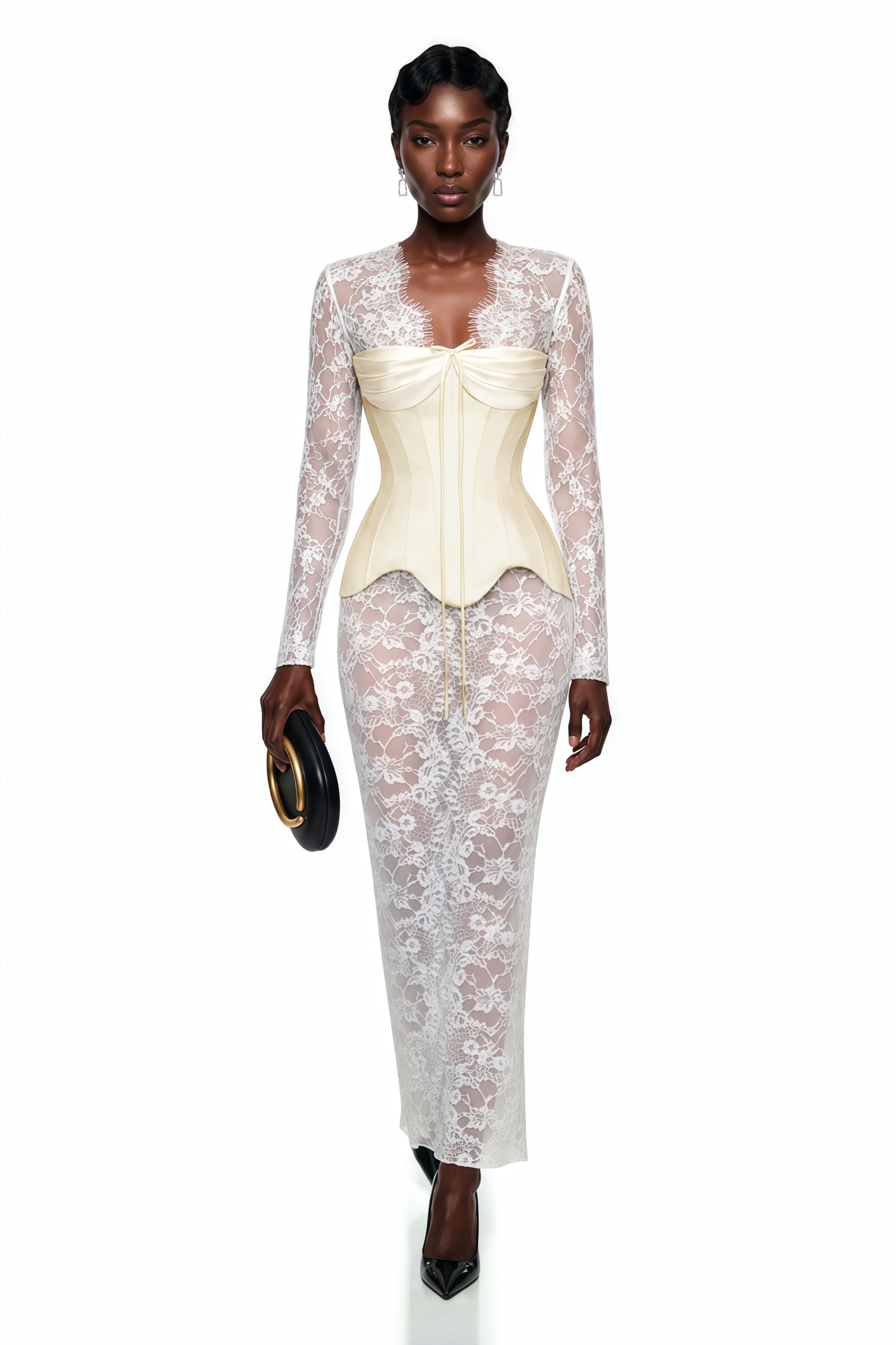 Renata White Ruched Top & Semi Sheer Lace Maxi Dress Set