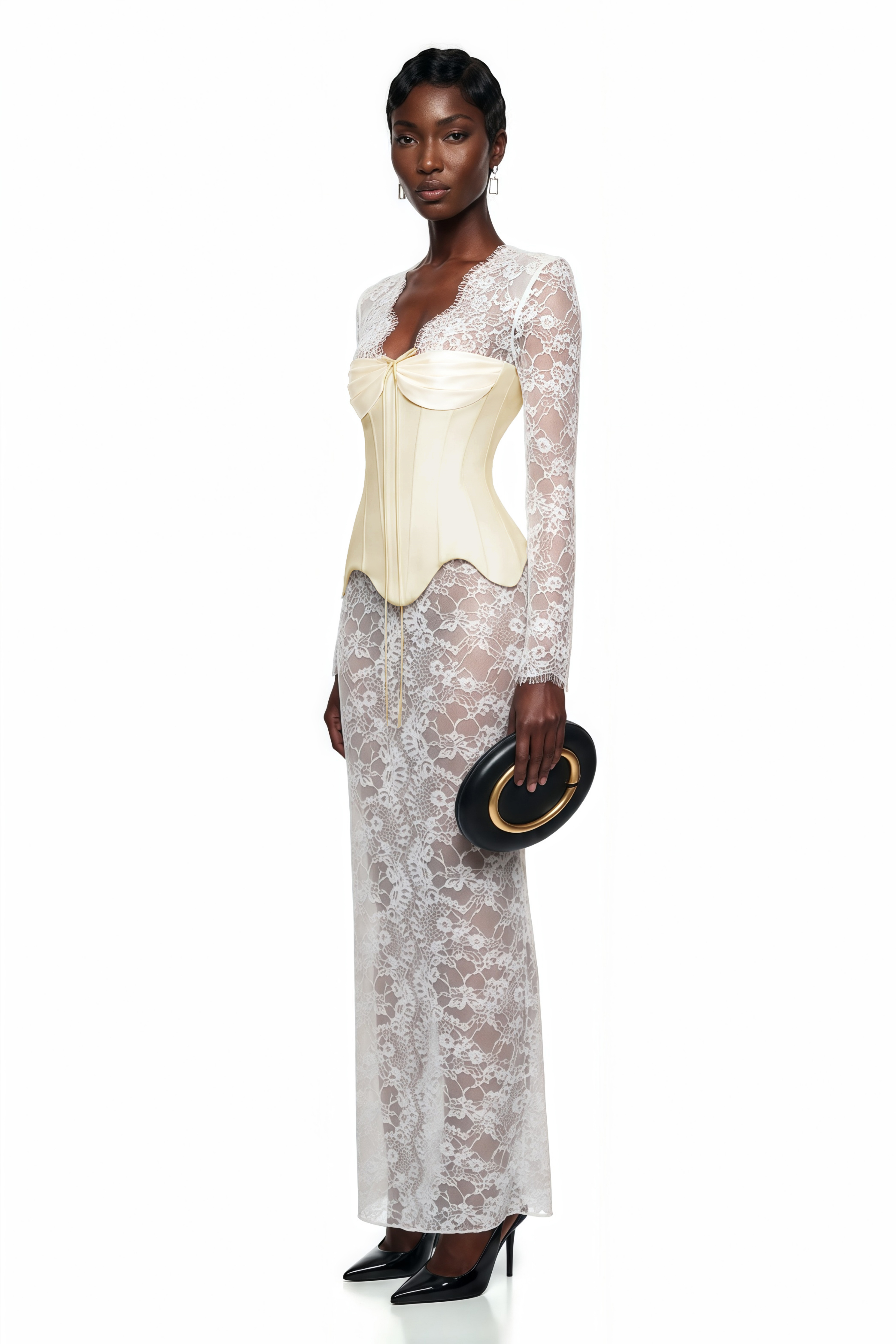 Renata White Ruched Top & Semi Sheer Lace Maxi Dress Set