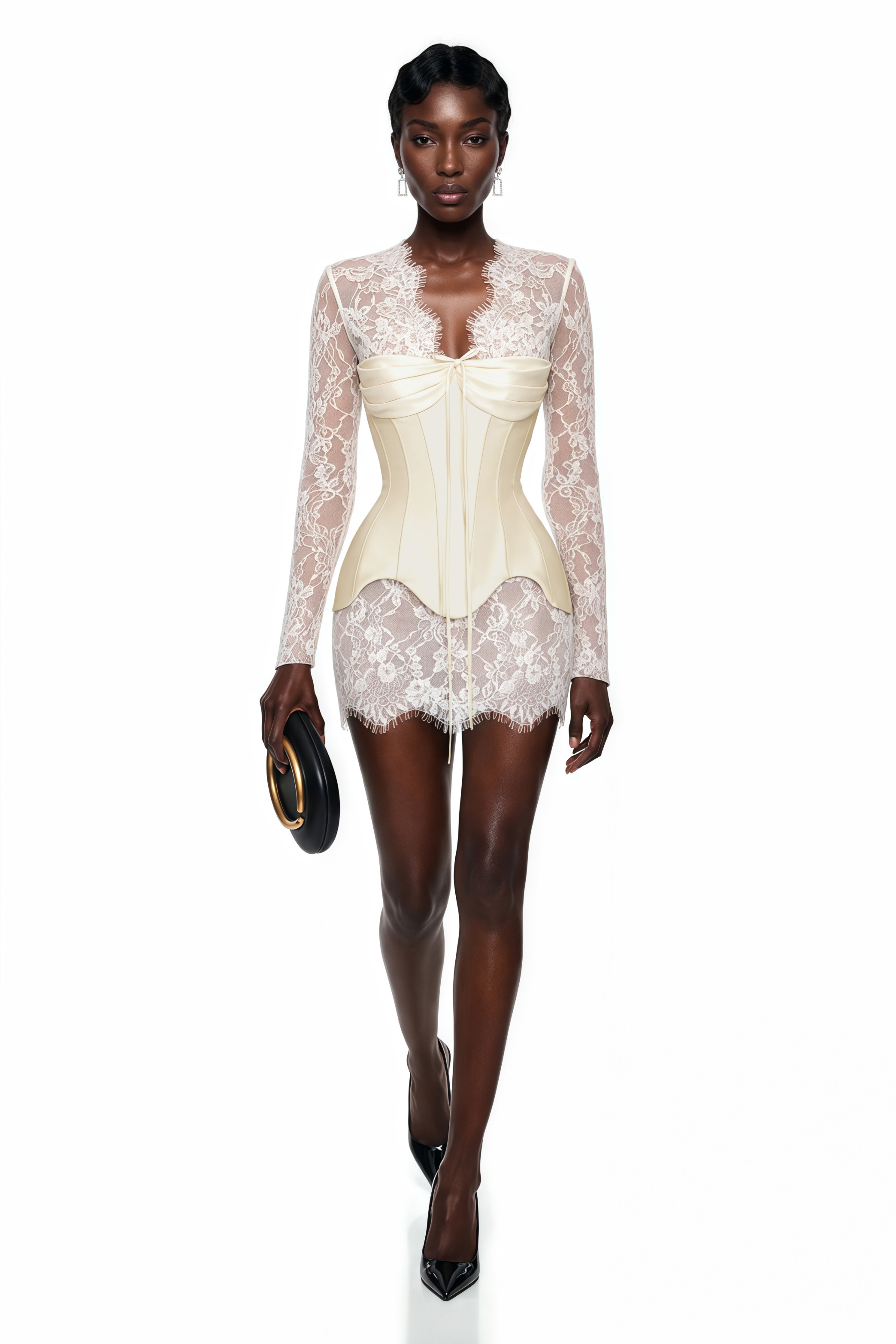 Renata White Ruched Top & Semi Sheer Lace Mini Dress Set