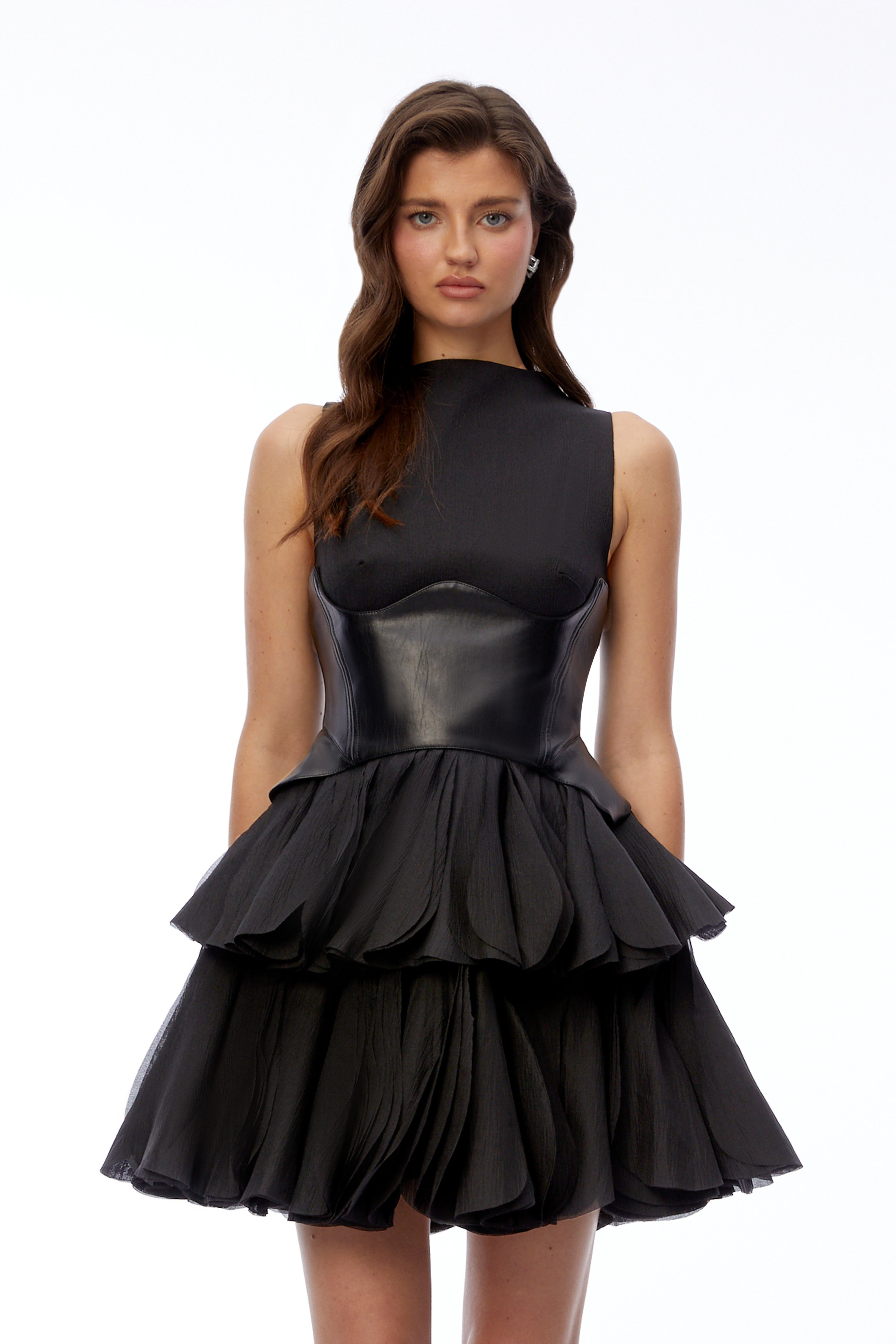 Renee Black Tiered Mini Dress with Faux Leather Bodice