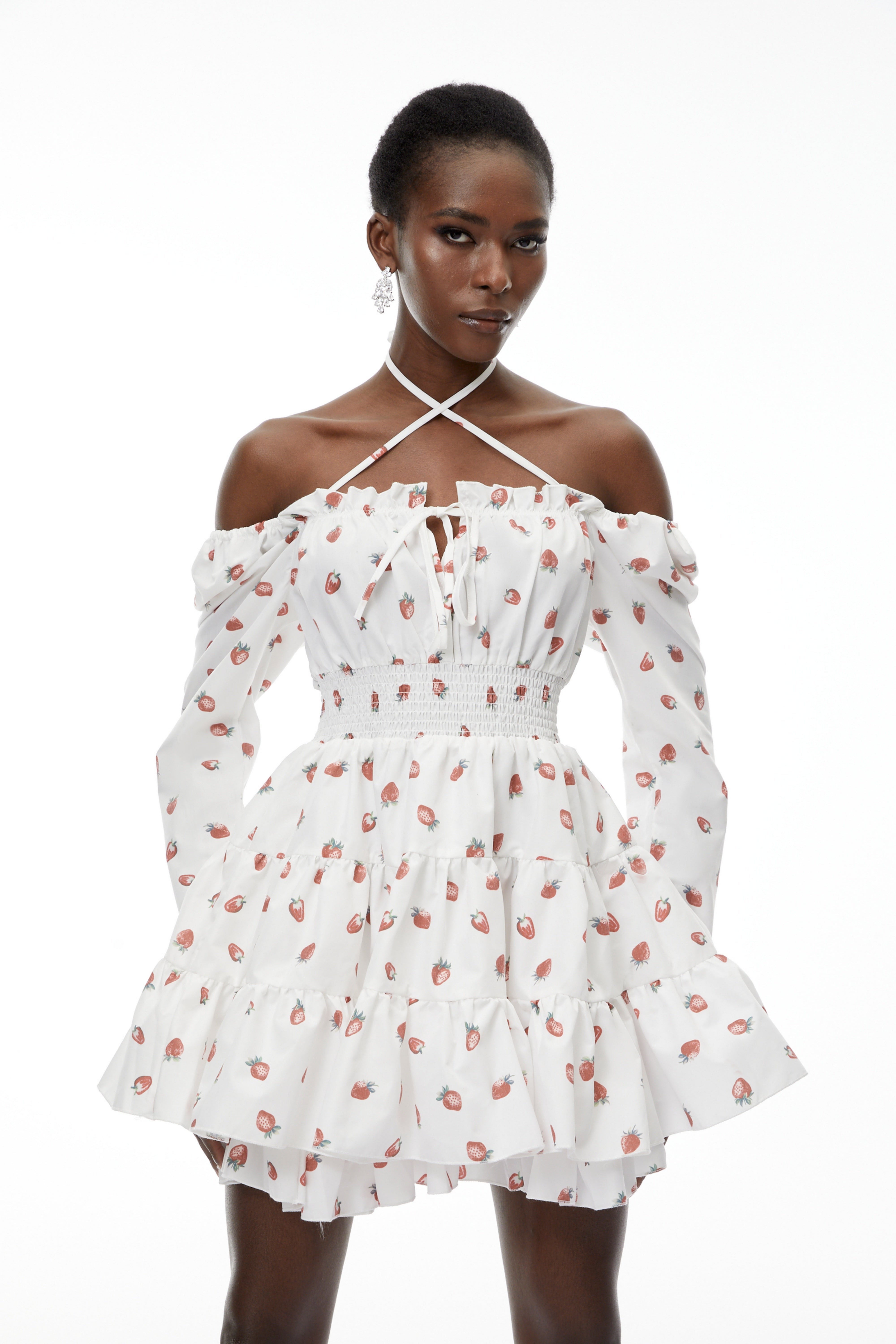 Renée White Strawberry Print Tiered Mini Dress
