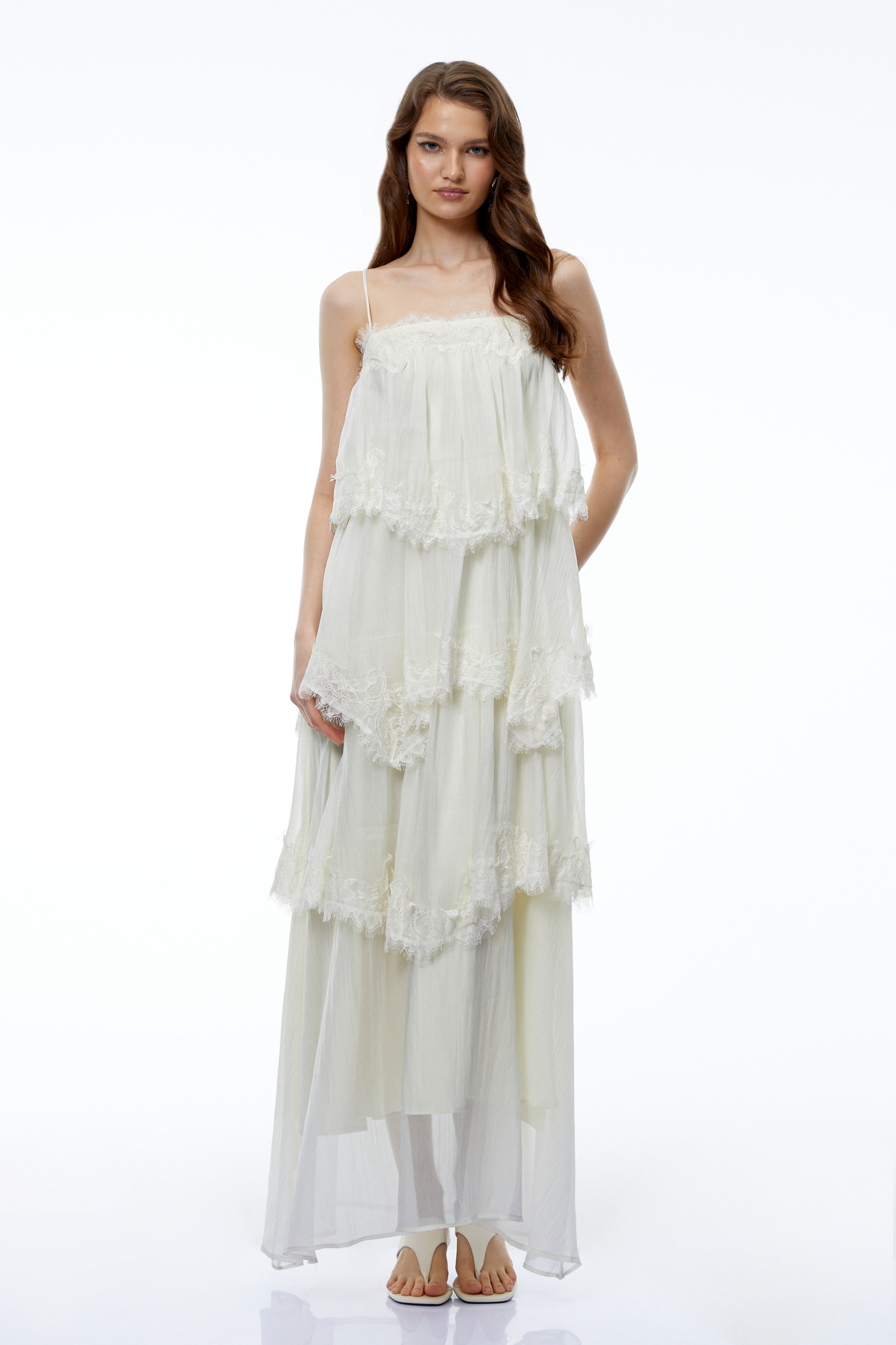 Rhema White Tiered Maxi Dress with Lace Trim