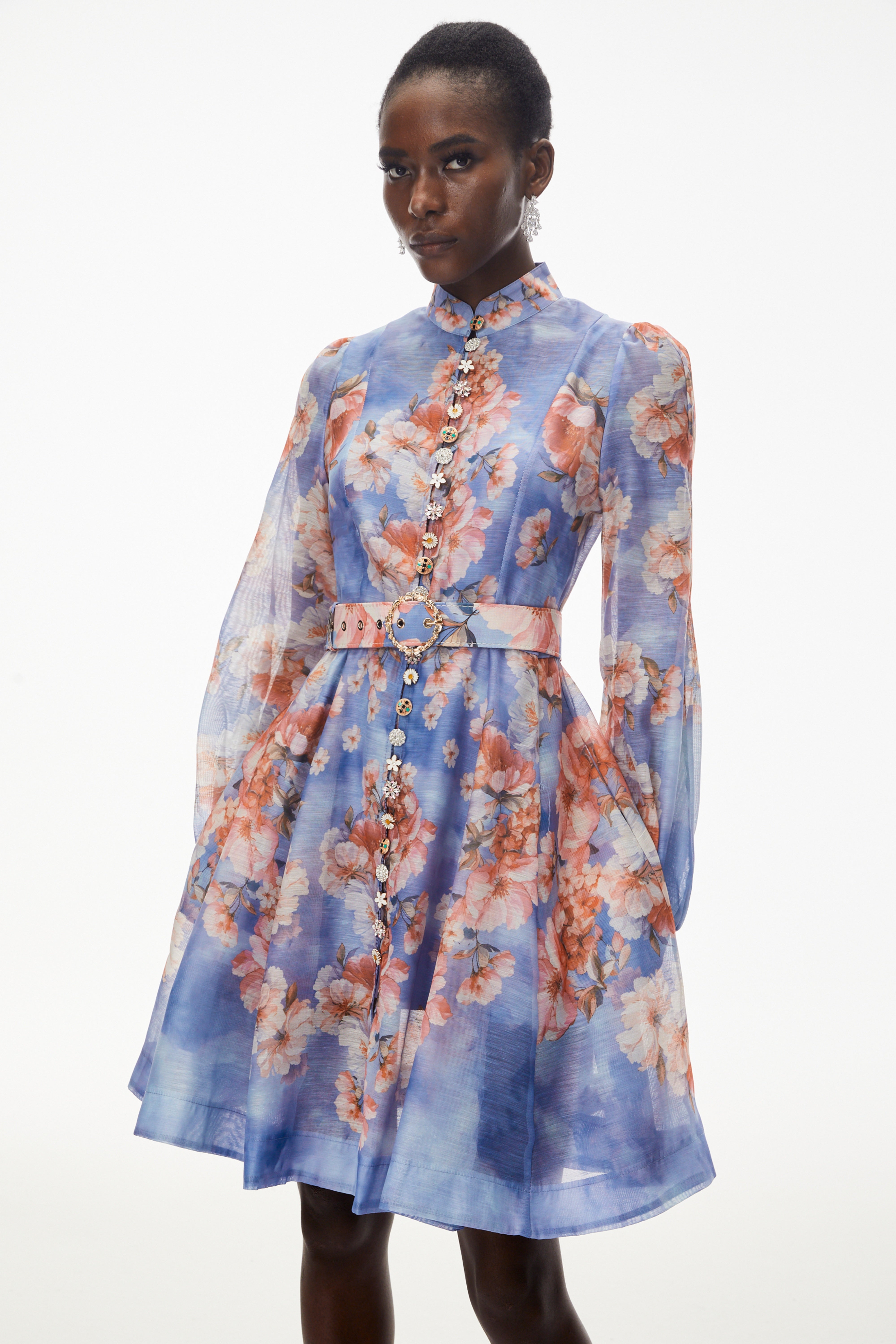 Rhode Dusty Blue Floral Print Mini Dress with Belt