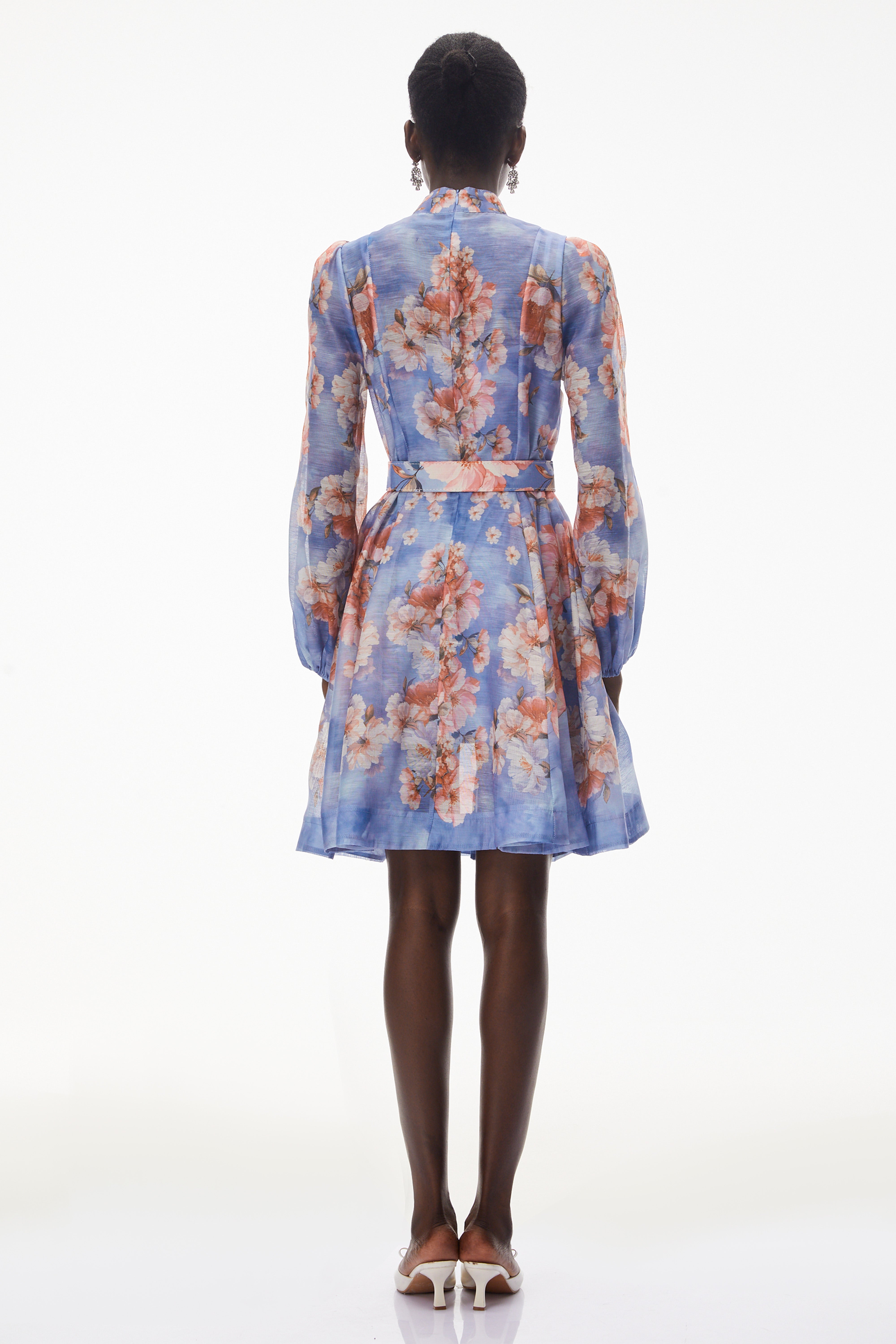 Rhode Dusty Blue Floral Print Mini Dress with Belt